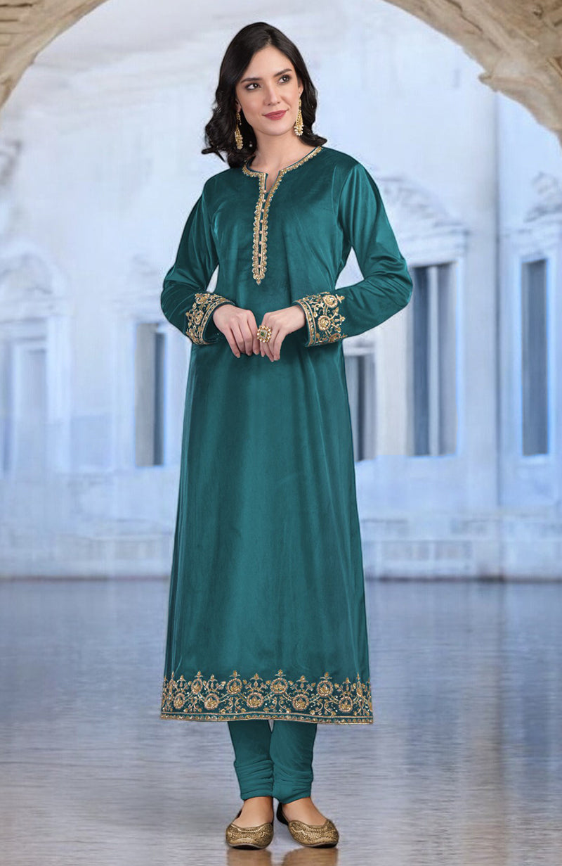Peacock blue velvet kurta set with gold zardozi embroidery.