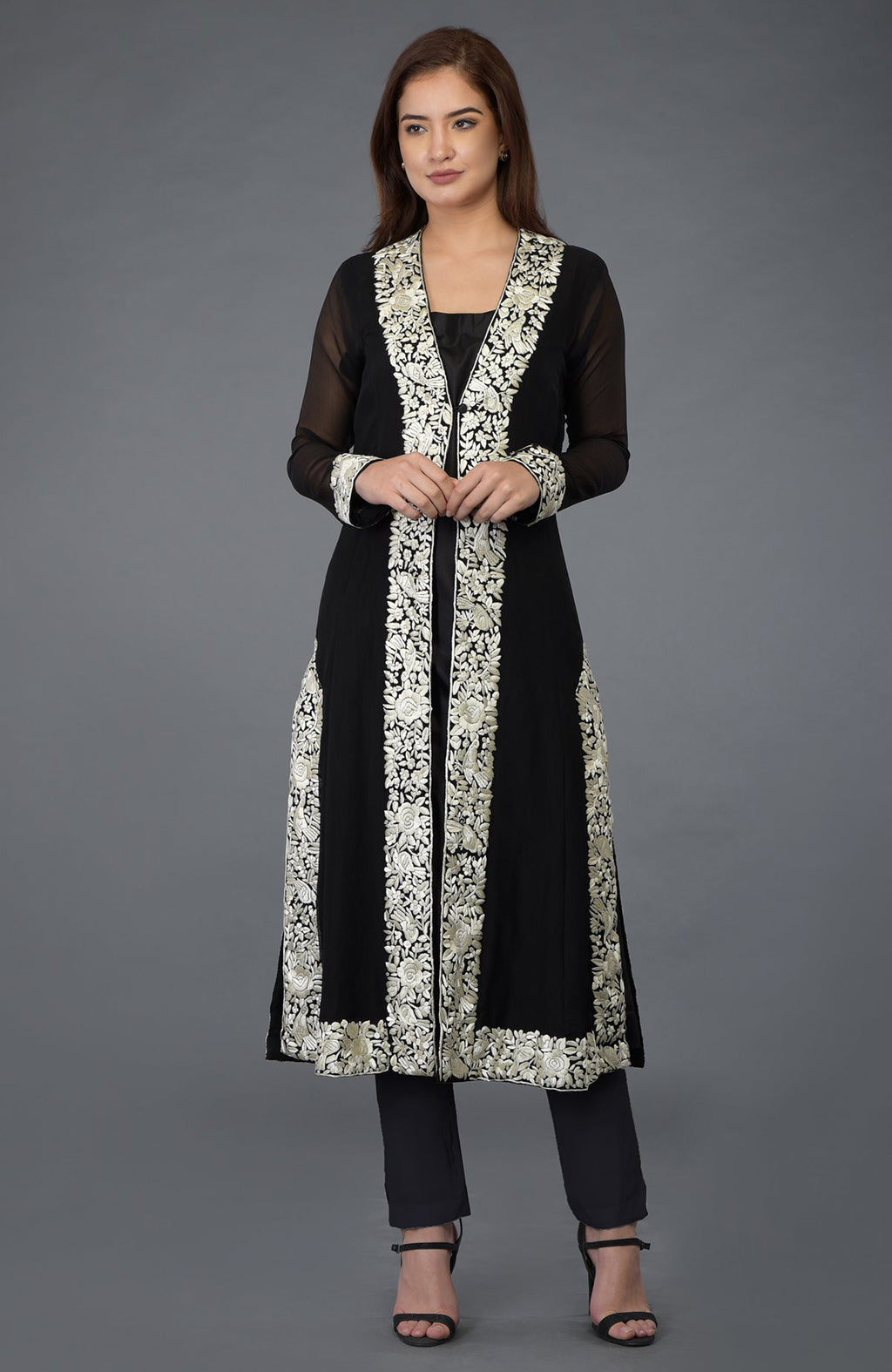 Black chiffon overlay suit with ivory Parsi Gara embroidery and matching dupatta and lowers