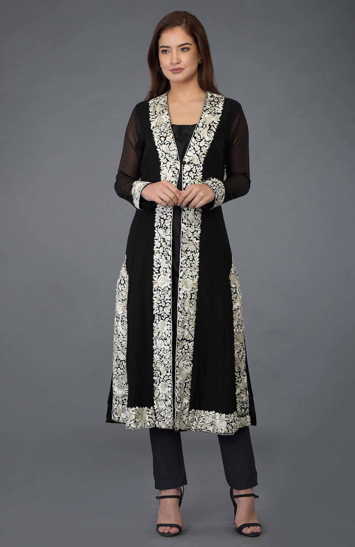 Black chiffon overlay suit with ivory Parsi Gara embroidery and matching dupatta and lowers