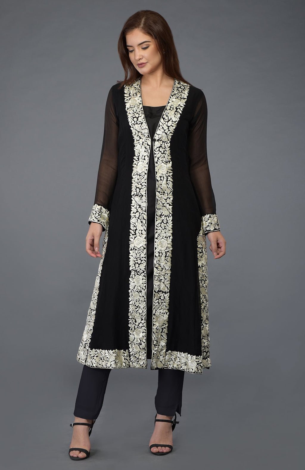 Black chiffon overlay suit with ivory Parsi Gara embroidery and matching dupatta and lowers.