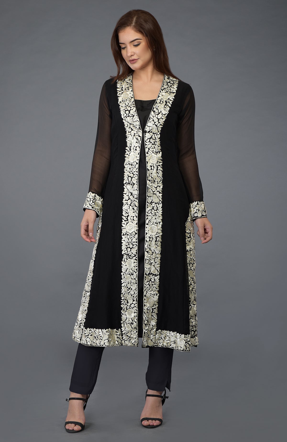 Black chiffon overlay suit with ivory Parsi Gara embroidery and matching dupatta and lowers.