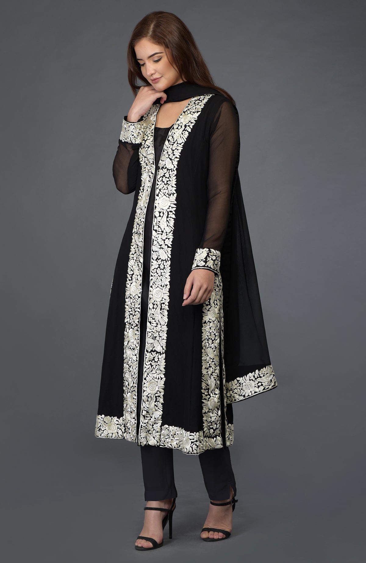 Black chiffon overlay suit with ivory Parsi Gara floral-bird embroidery and matching dupatta.