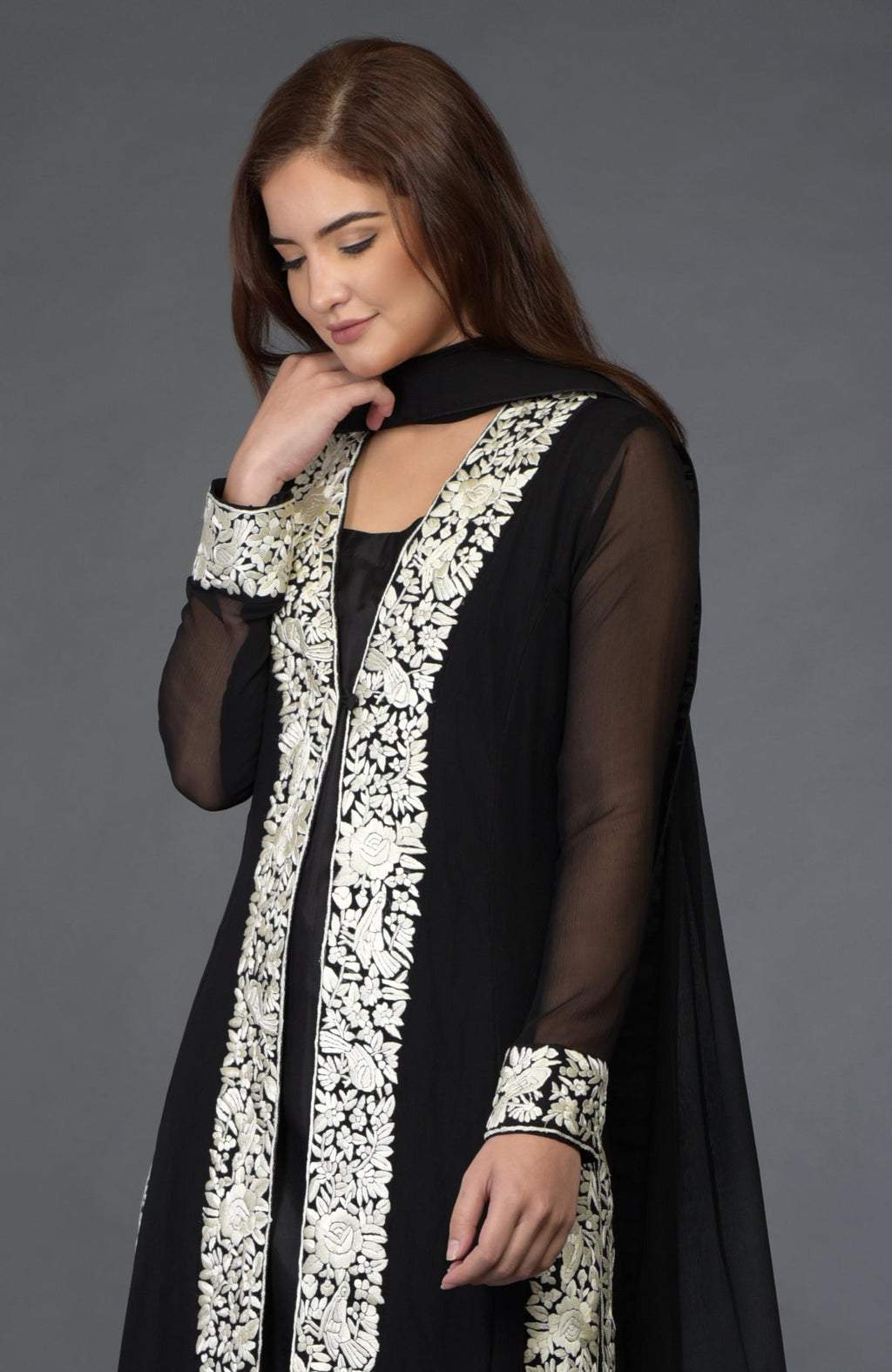 Black chiffon overlay suit with ivory Parsi Gara floral-bird embroidery and matching dupatta.