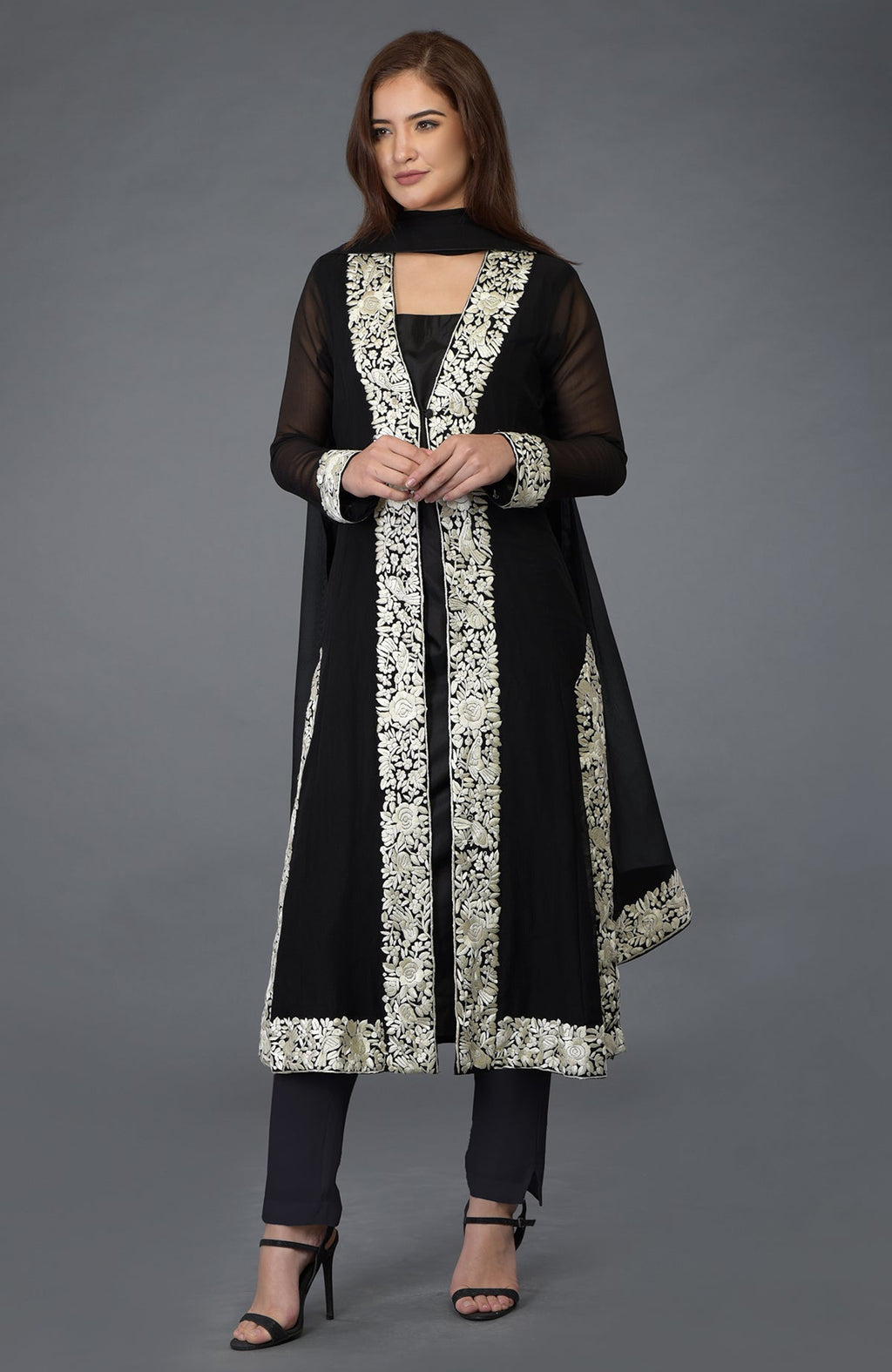 Black chiffon overlay suit with ivory Parsi Gara embroidery and matching dupatta and lowers