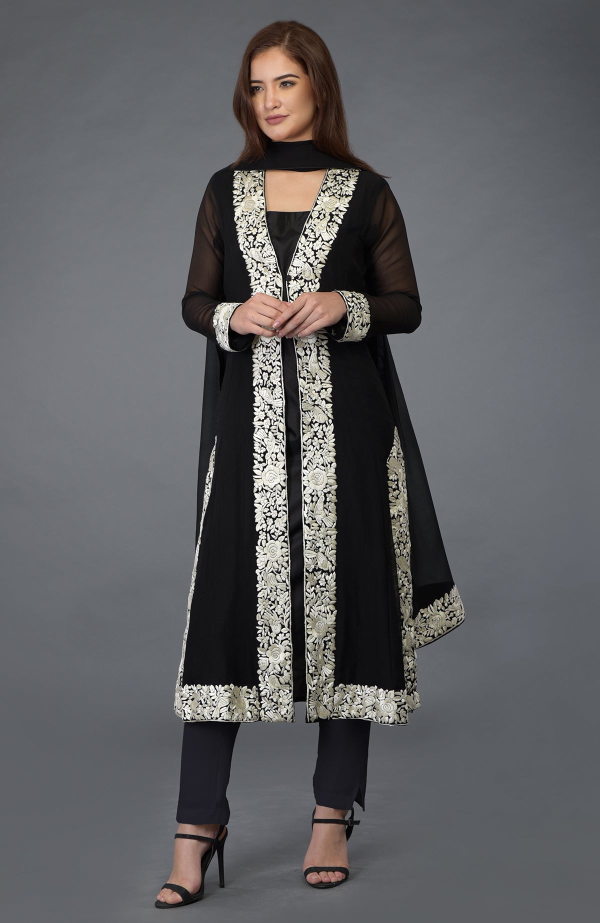 Black chiffon overlay suit with ivory Parsi Gara embroidery and matching dupatta and lowers