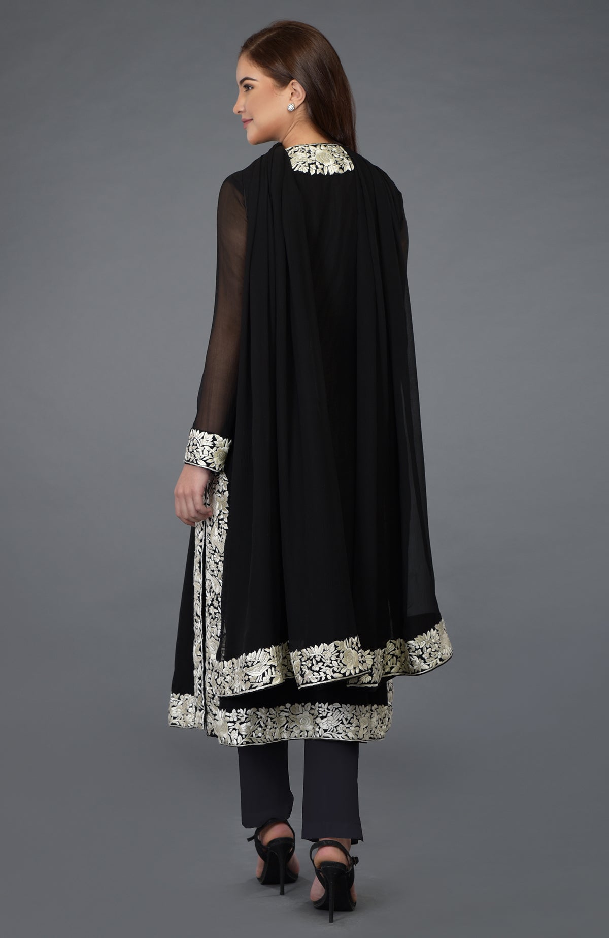 Black chiffon overlay suit with ivory Parsi Gara embroidery and matching dupatta and lowers