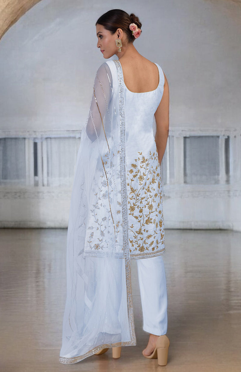 Ice blue raw silk-tulle kurta set with gold and silver floral embroidery.