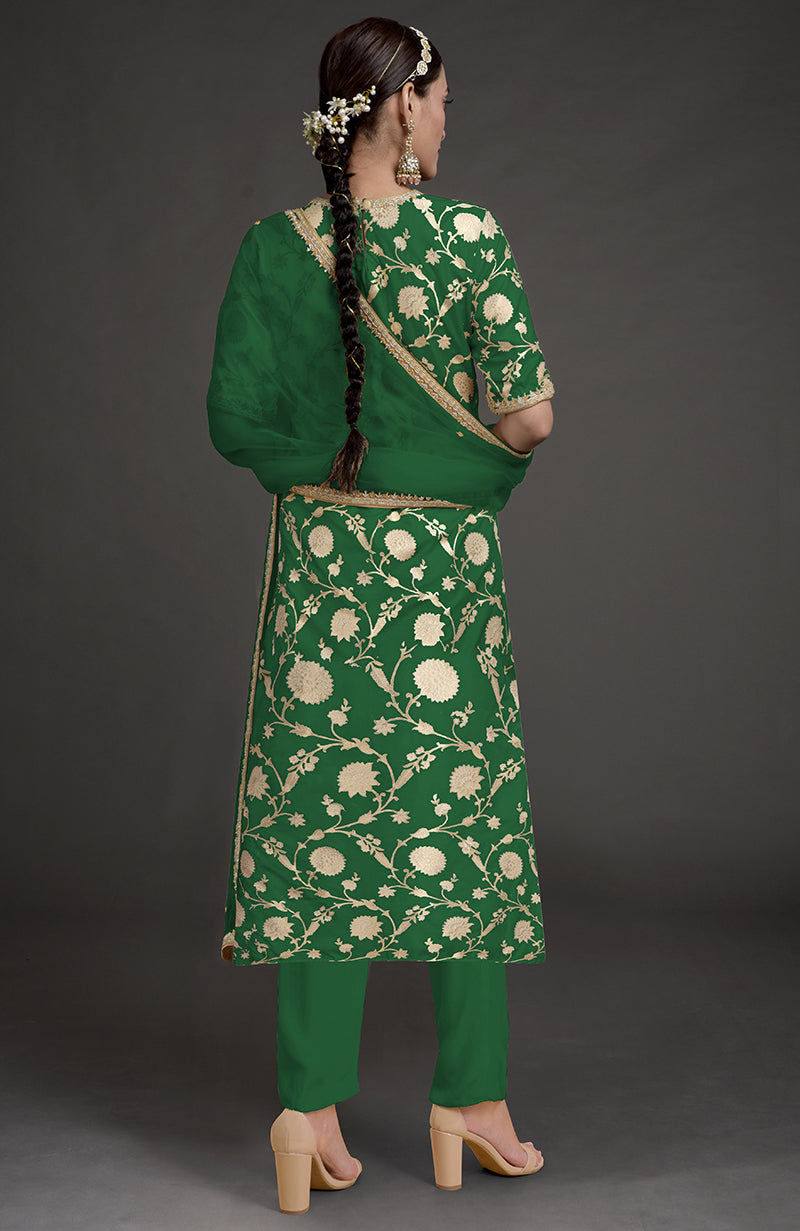 Emerald green Benarasi weave zardozi kurta set with gold embroidery.