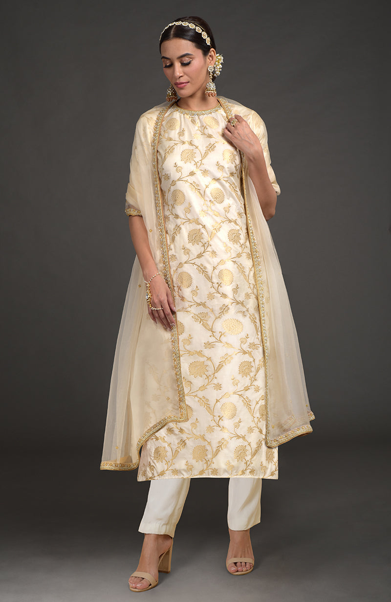 Ivory Benarasi weave zardozi kurta set with matching dupatta and slim pants.