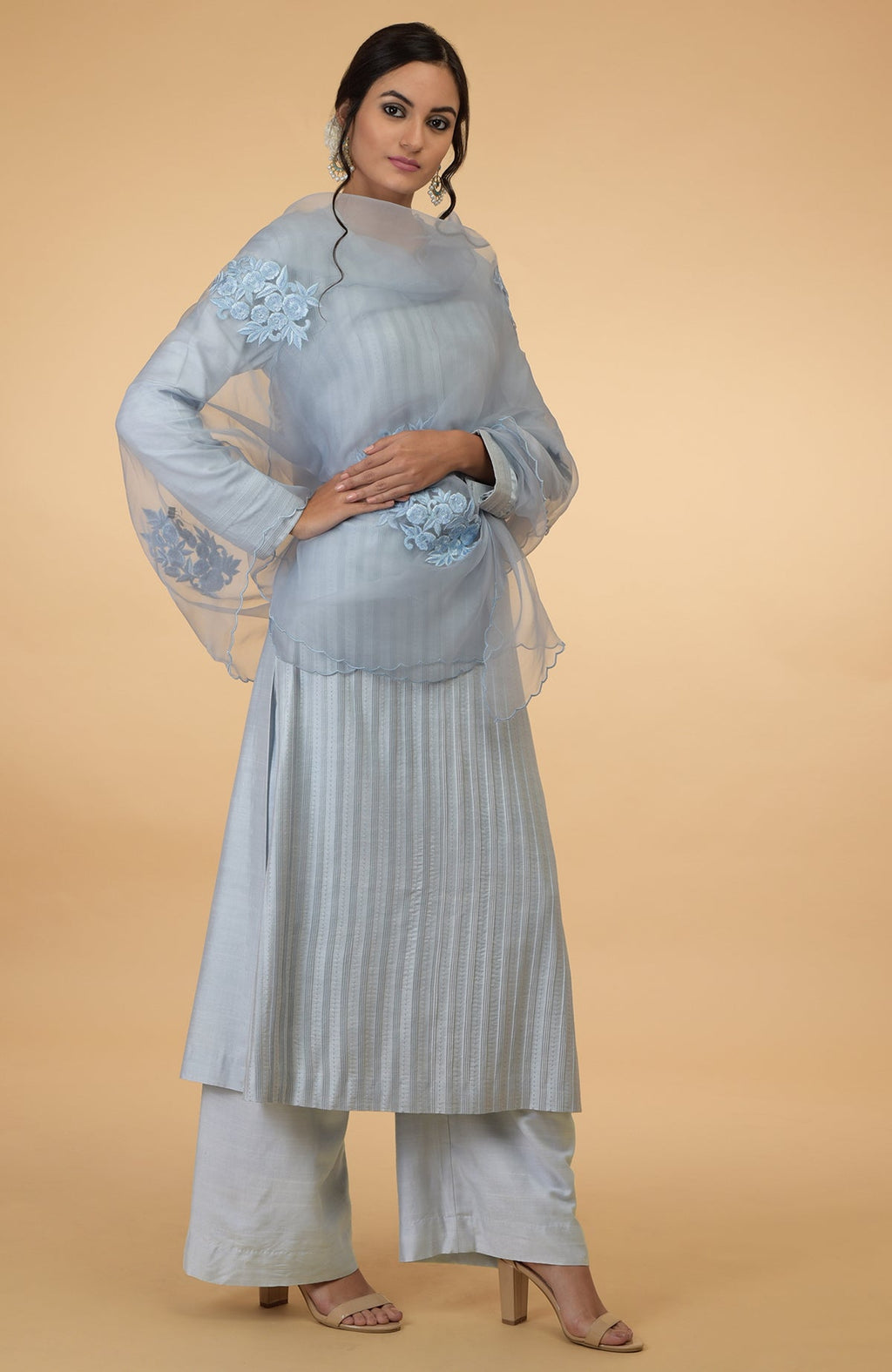 Powder blue pintuck and Kantha silk kurta set with dupatta.