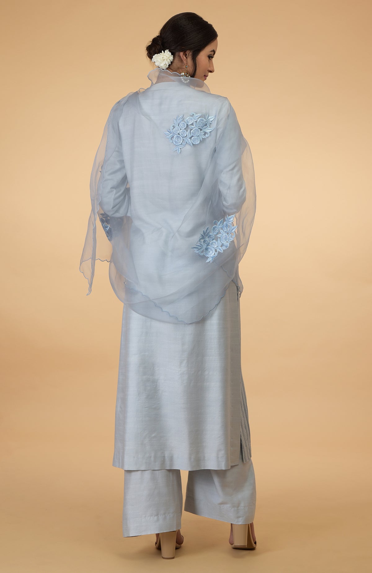 A woman from behind wears a powder blue kurta set with an embroidered organza dupatta.