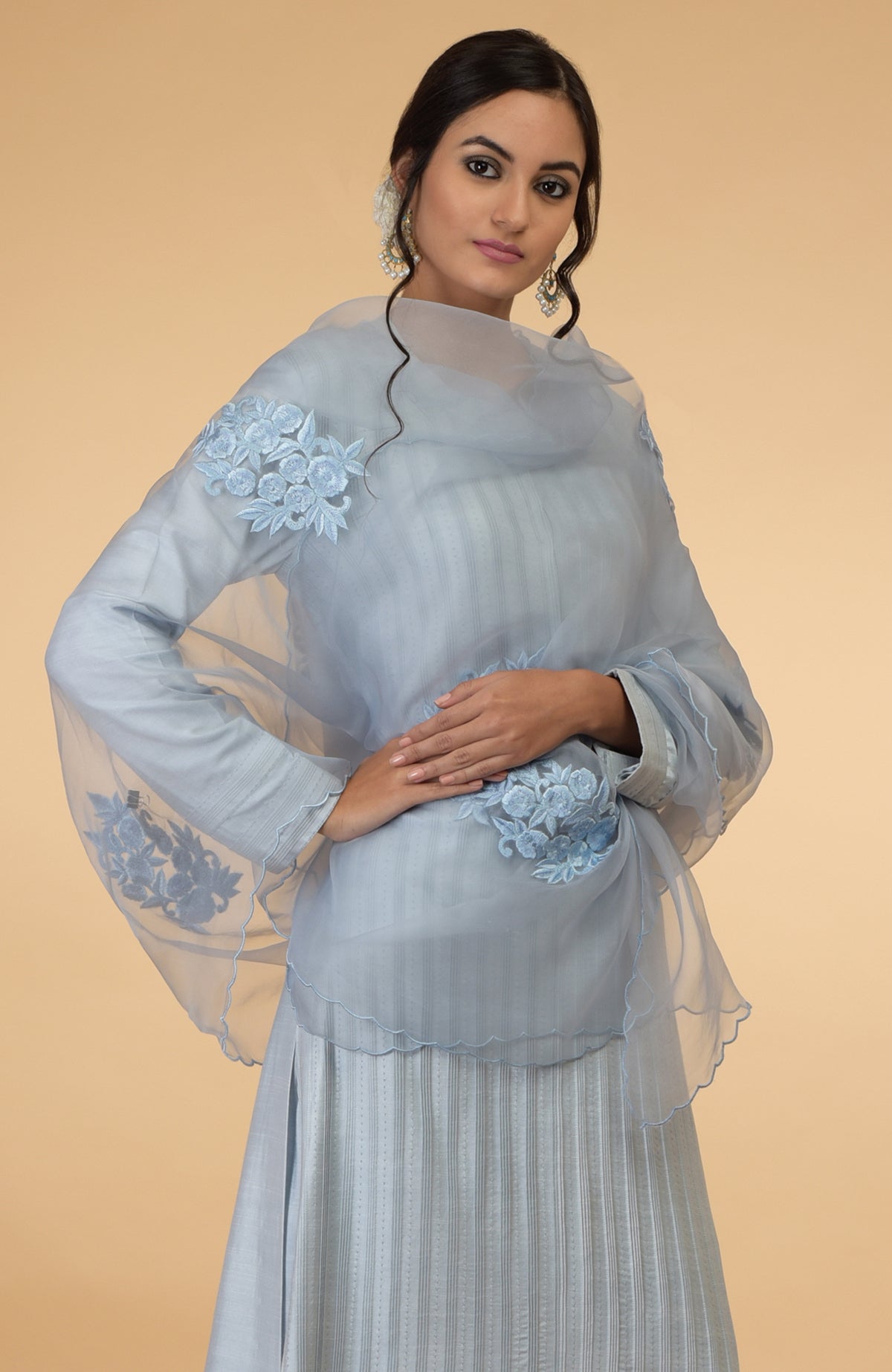 Powder blue pintuck and kantha silk kurta set with dupatta.