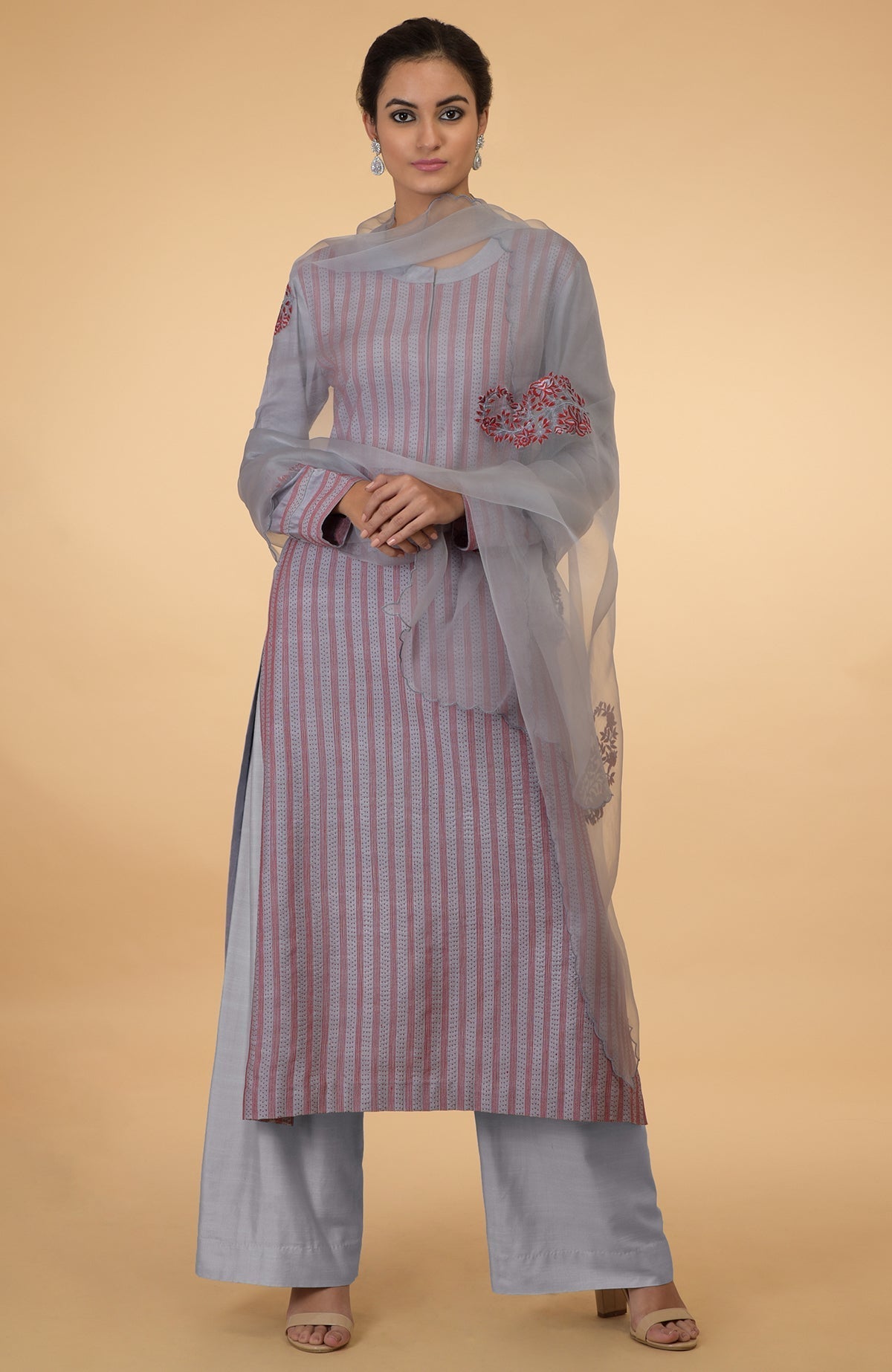 Grey-maroon Kantha embroidered kurta set with dupatta.