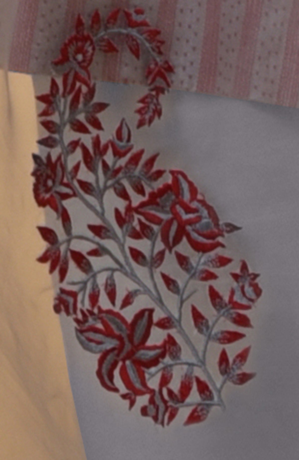 Grey kurta with maroon Kantha embroidery featuring a floral vine design.