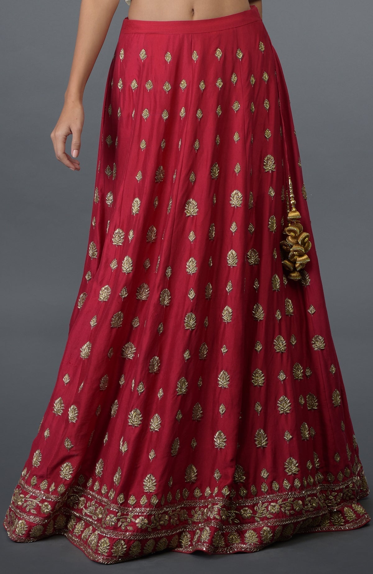 A royal red pure silk skirt with gold zardozi and crystal hand embroidery.
