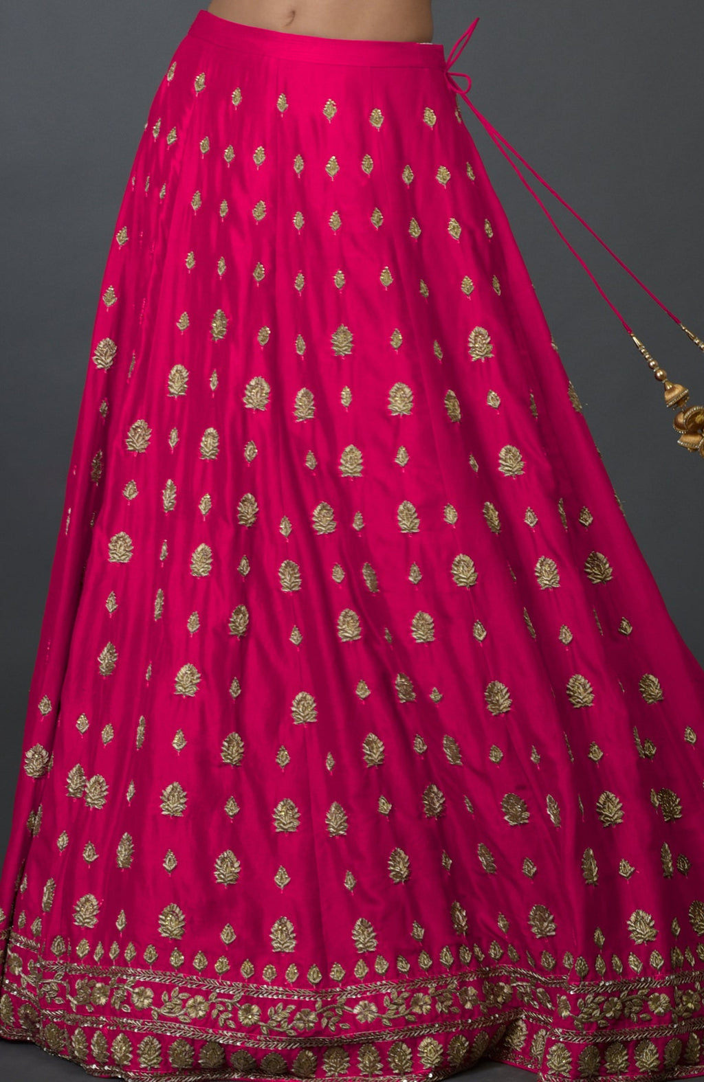 A berry gloss pure silk skirt with gold zardozi and crystal hand embroidery.