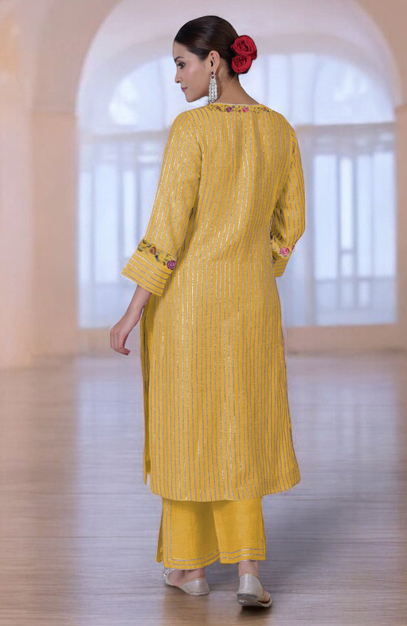 Calendula yellow silk linen suit with gota and Parsi Gara embroidery.