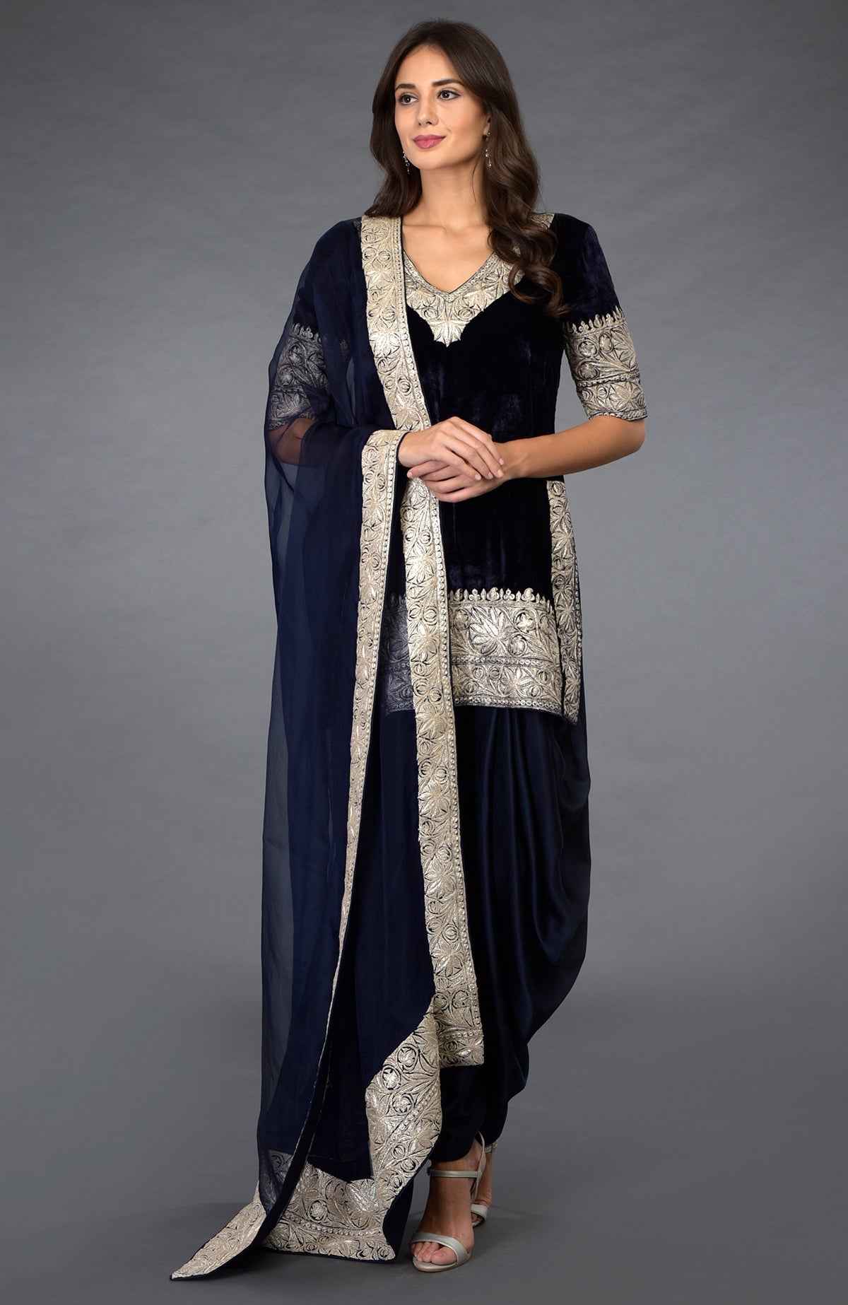 Midnight blue velvet dhoti pants suit with silver Kashmiri tilla embroidery.