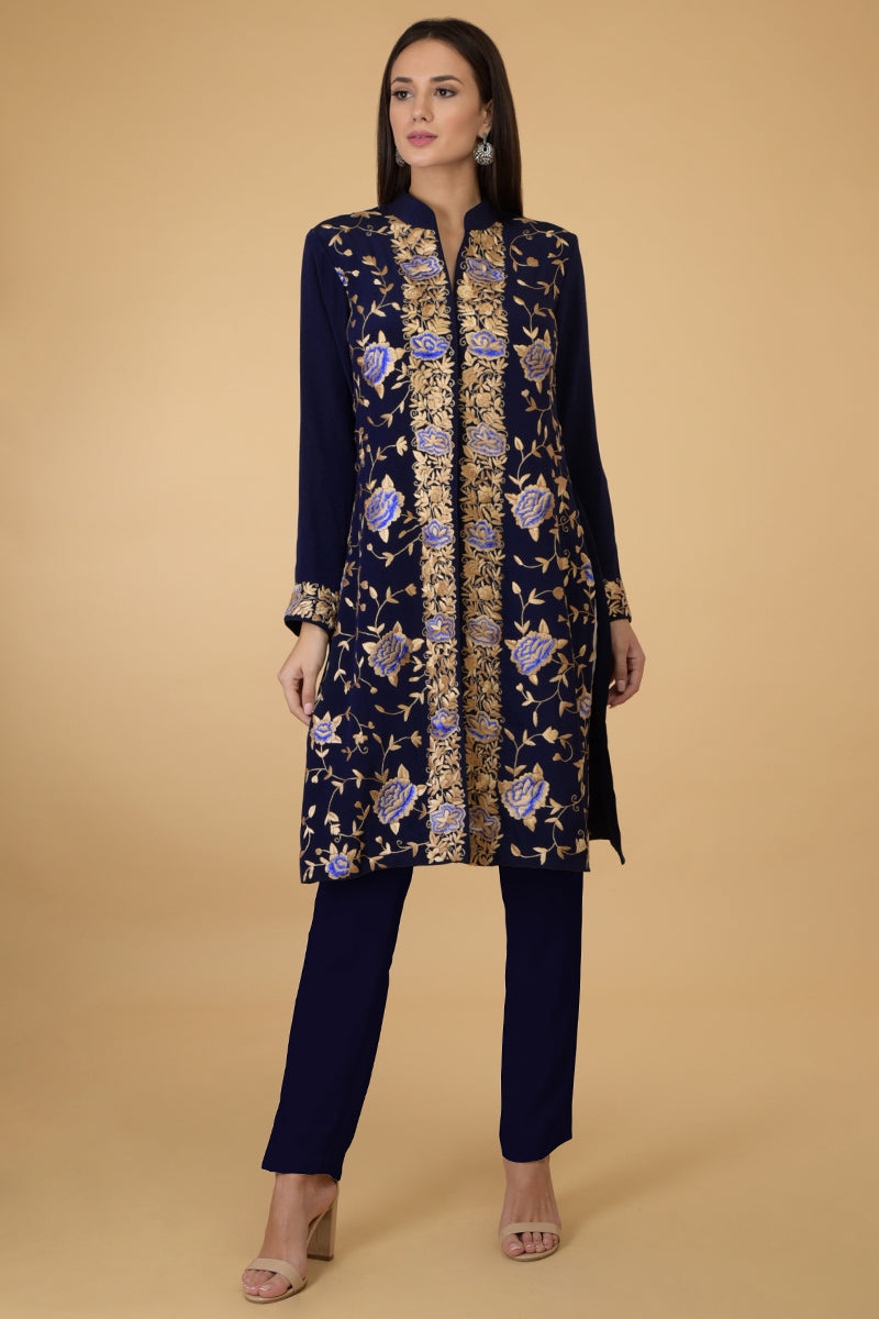 Midnight blue Parsi Gara jacket with floral embroidery and matching pants in three styles.