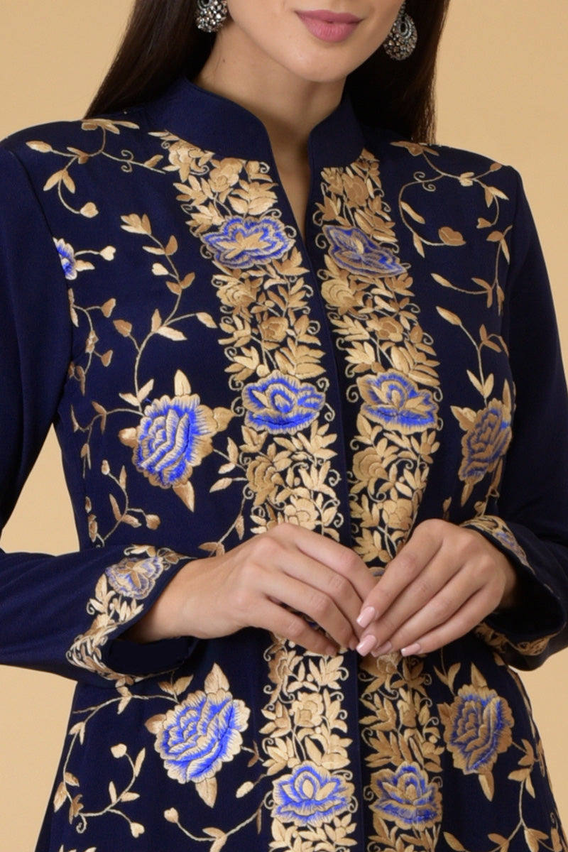Midnight blue Parsi Gara jacket with floral embroidery and matching pants in three styles.