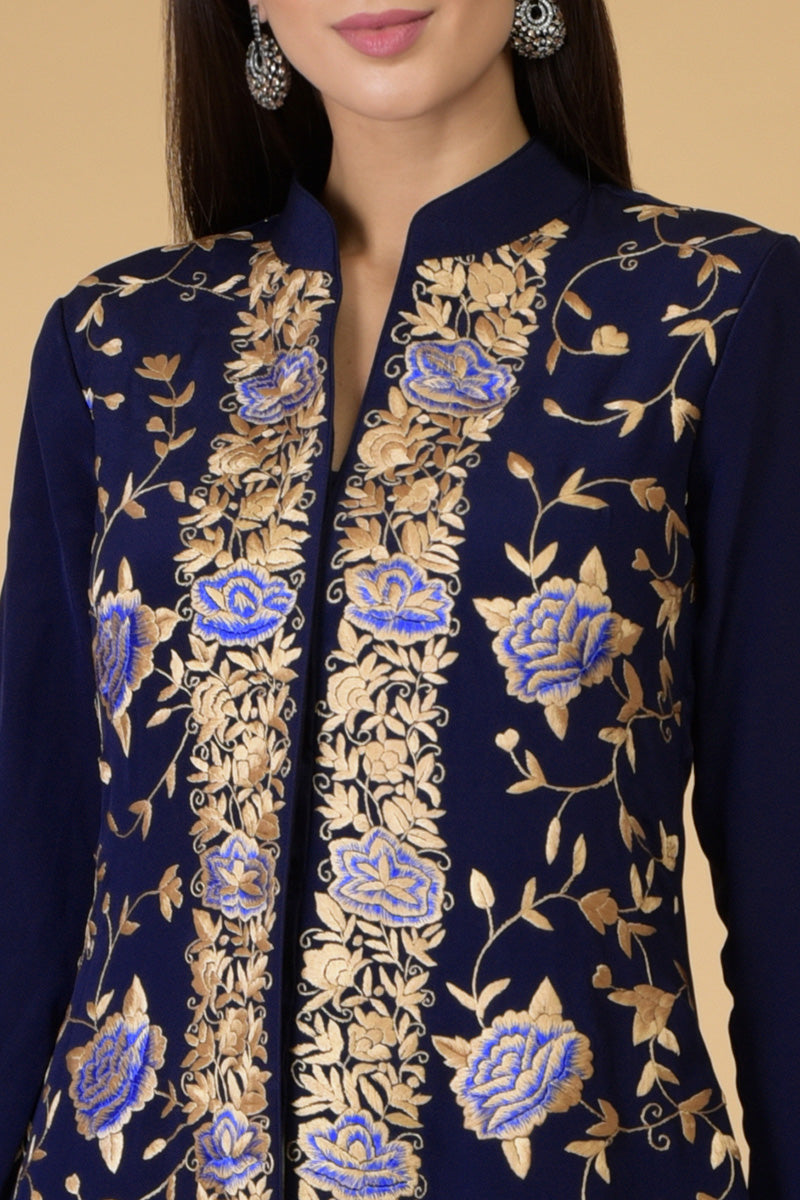 Midnight blue Parsi Gara jacket with floral embroidery and matching straight pants set