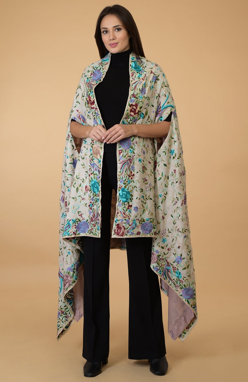 Ivory Parsi Gara pure pashmina shawl cape with intricate floral and bird embroidery.