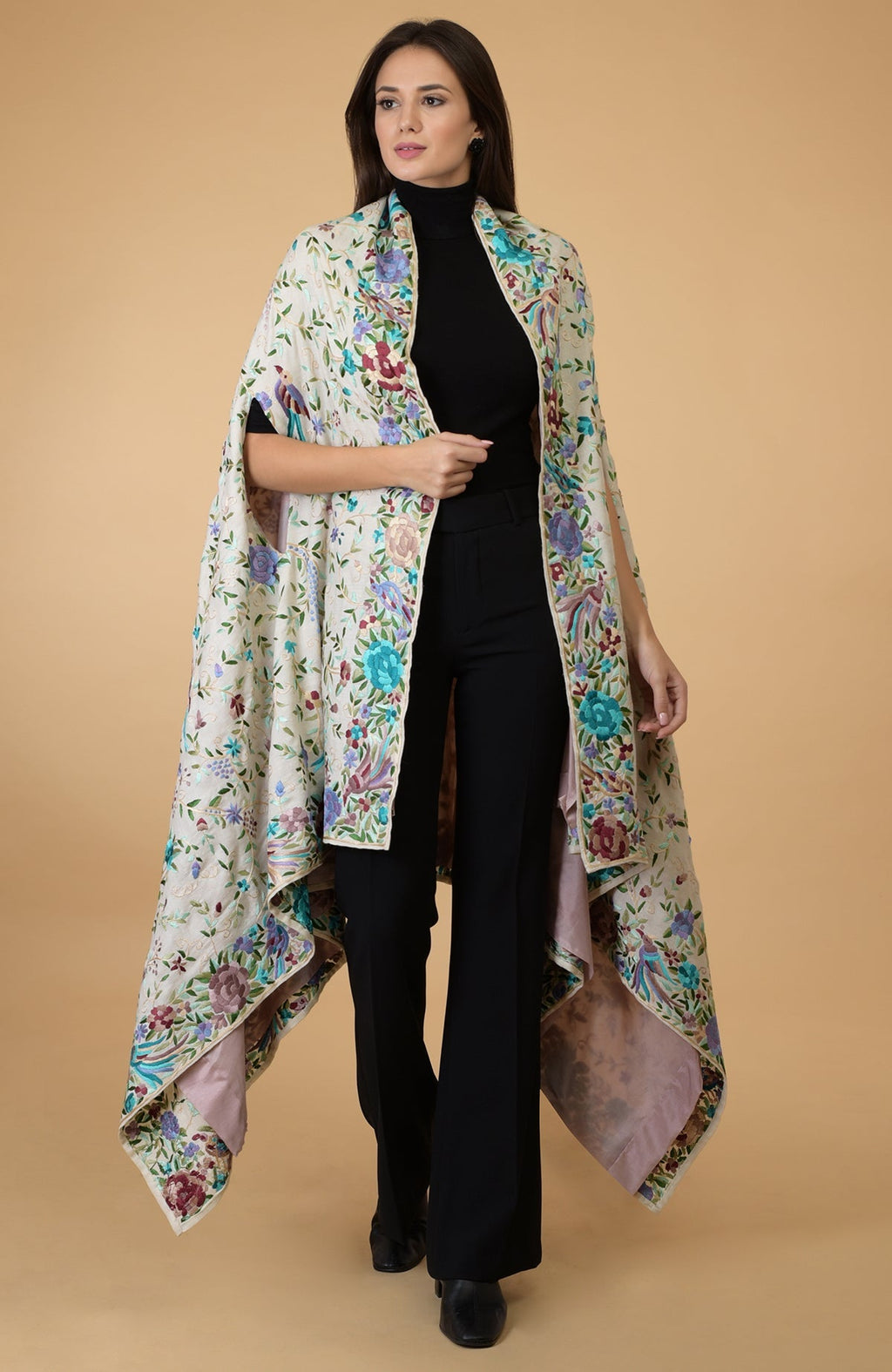 Ivory Parsi Gara pure pashmina shawl cape with intricate floral and bird embroidery.