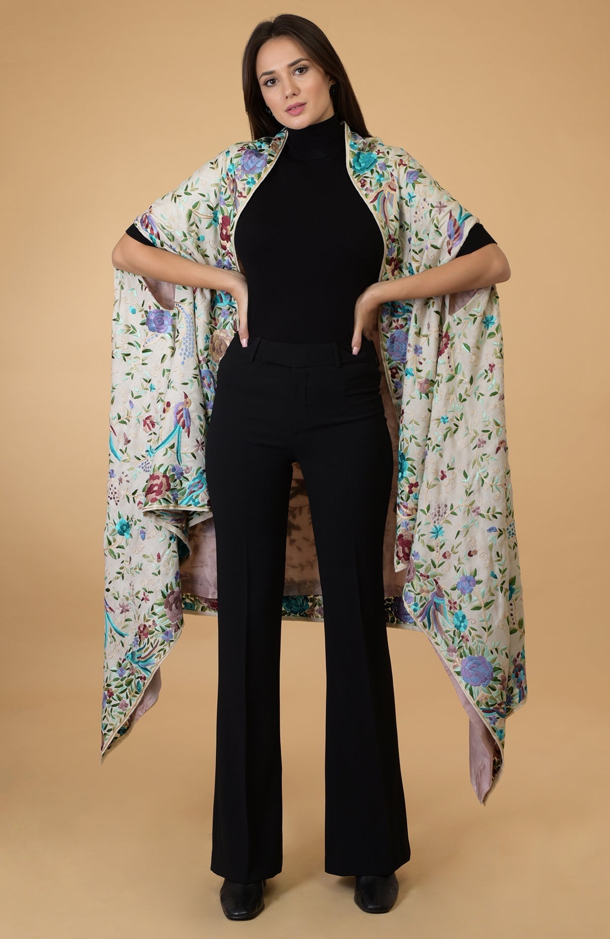 Ivory Parsi Gara Pure Pashmina Shawl Cape with intricate bird and floral embroidery.