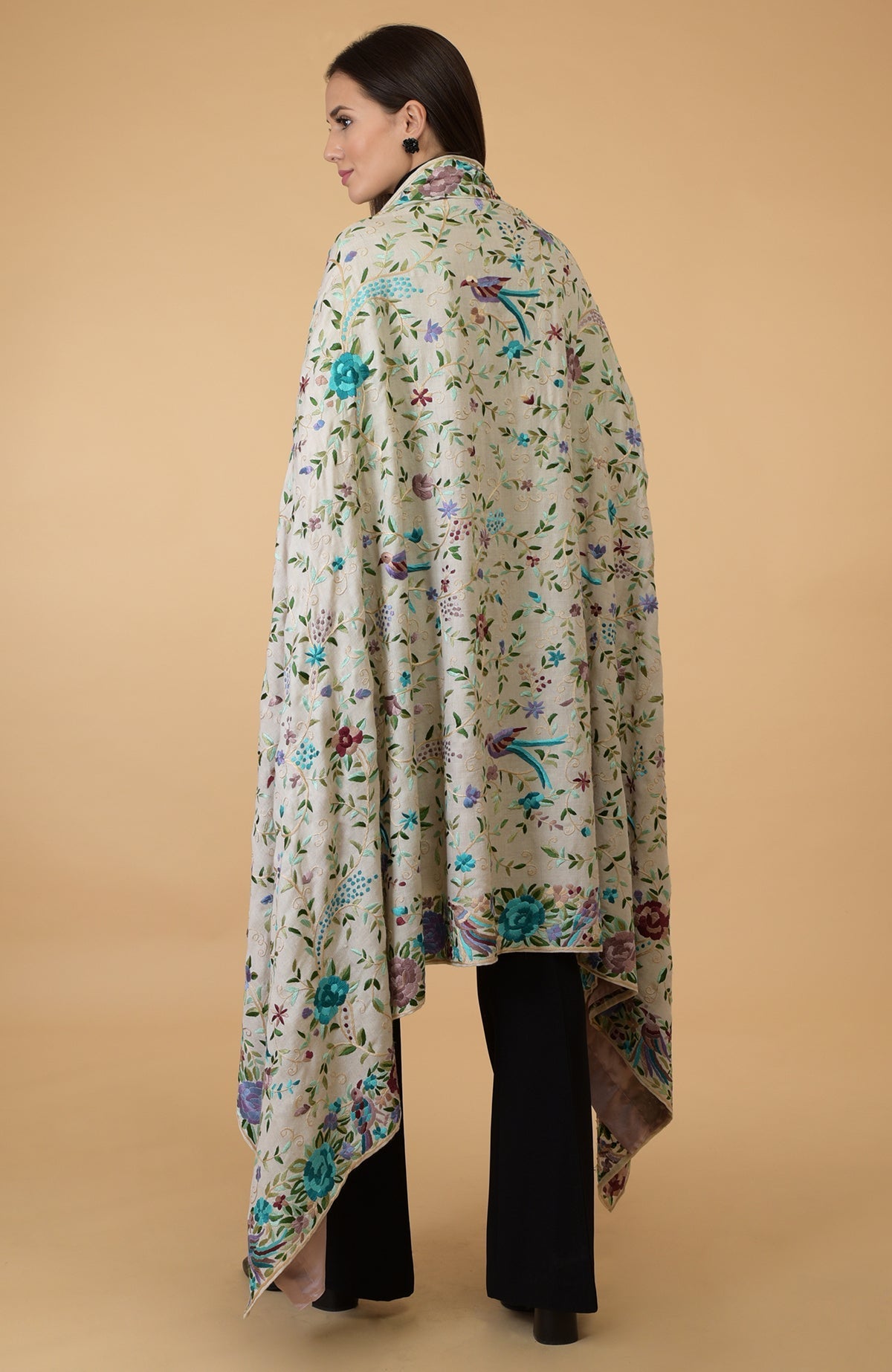 Ivory Parsi Gara pure pashmina shawl cape with intricate bird and floral embroidery.
