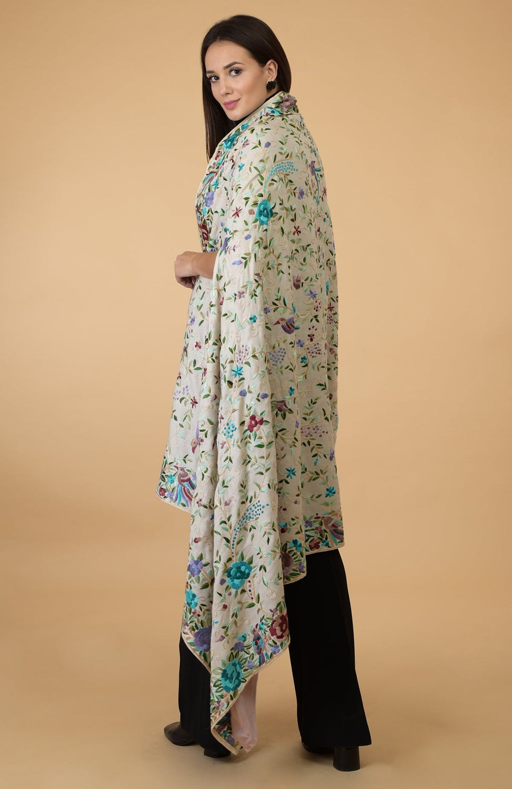Ivory Parsi Gara pure pashmina shawl cape with intricate bird and floral embroidery.