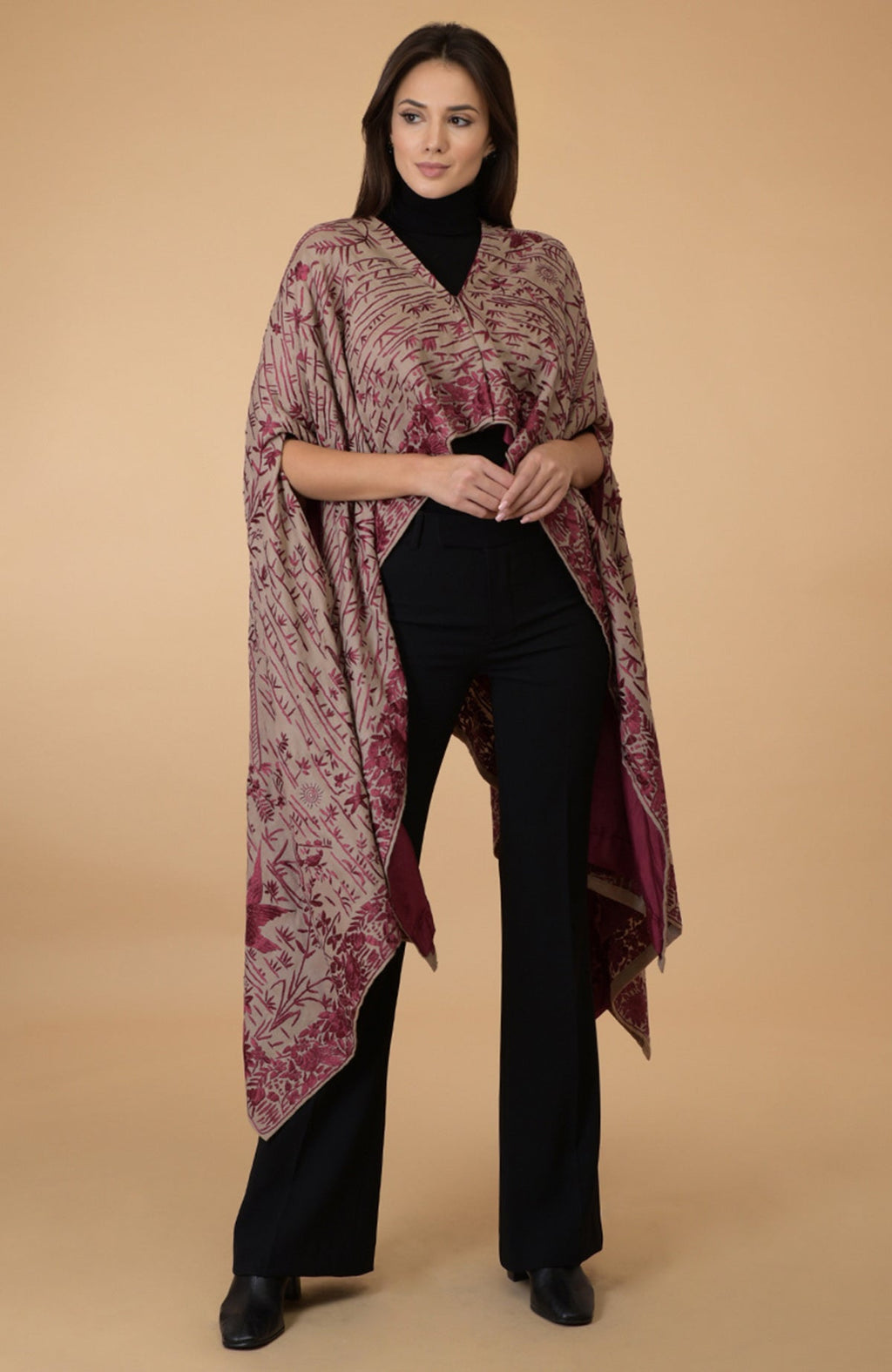 Beige-wine Parsi Gara pure pashmina shawl cape with intricate embroidery.