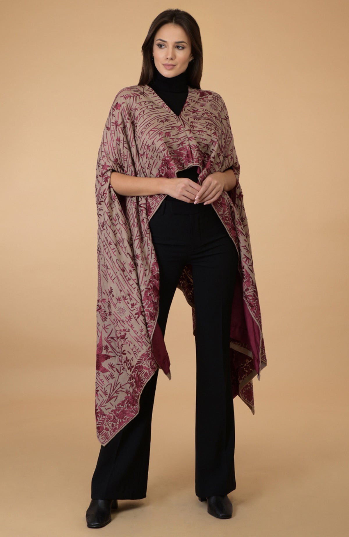 Beige-wine Parsi Gara pure pashmina shawl cape with intricate embroidery.