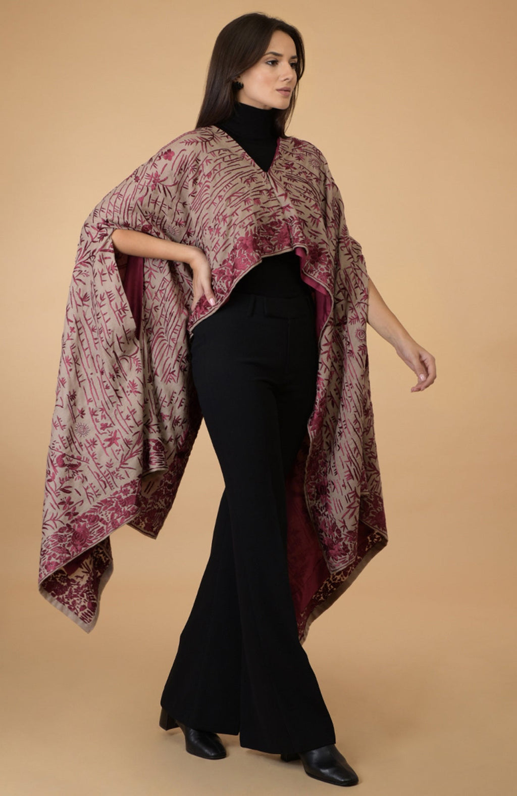 Beige-wine Parsi Gara pure pashmina shawl cape with intricate embroidery.
