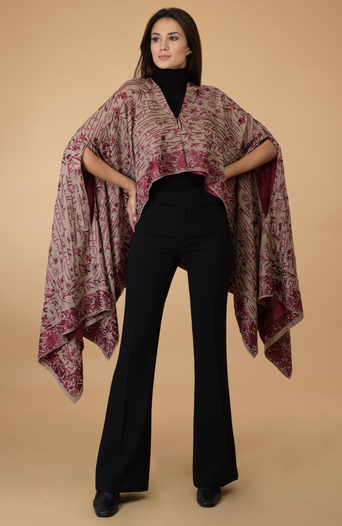 Beige-wine Parsi Gara pure pashmina shawl cape with intricate embroidery.