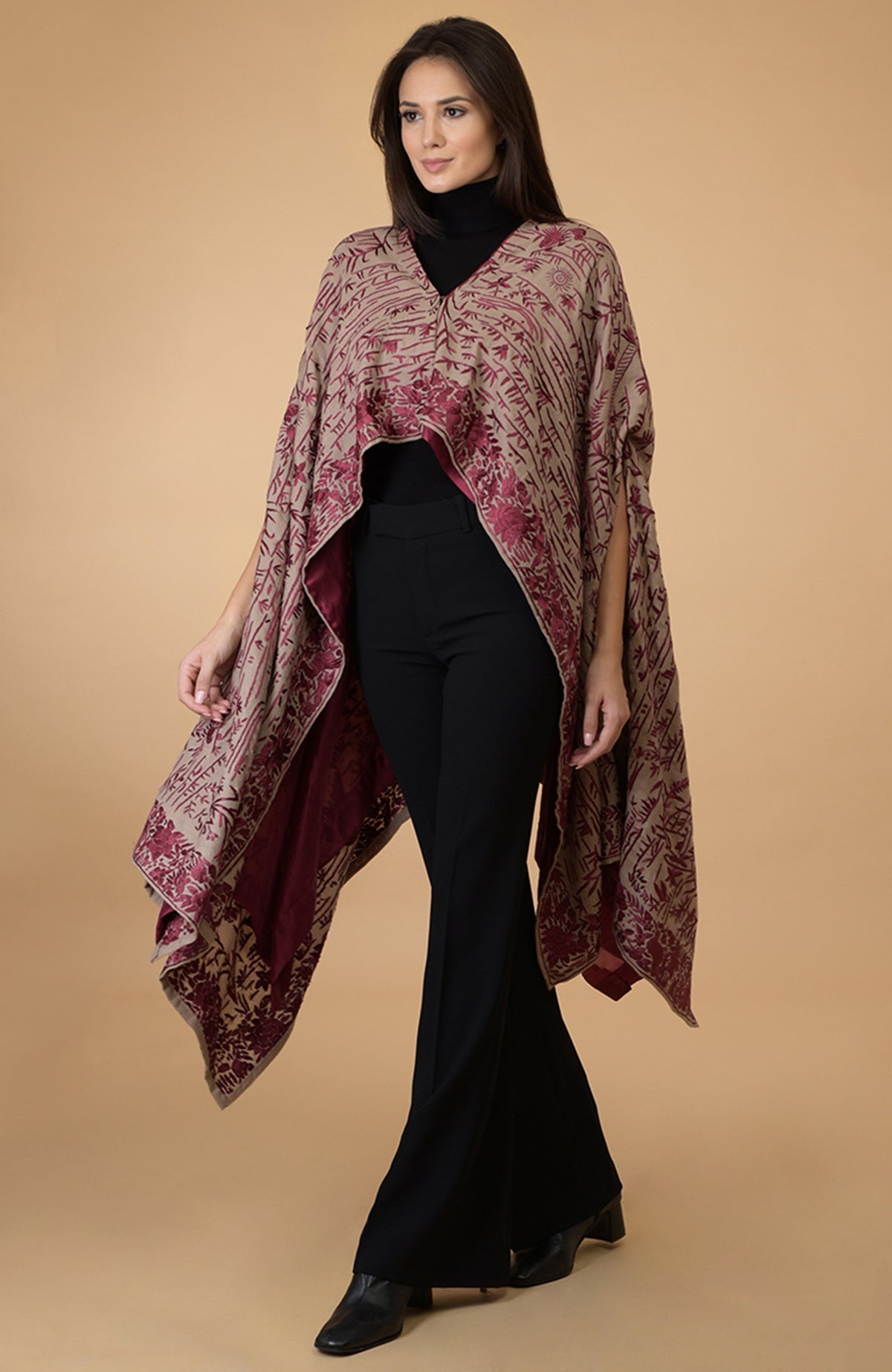 Beige-wine Parsi Gara pure pashmina shawl cape with intricate embroidery.