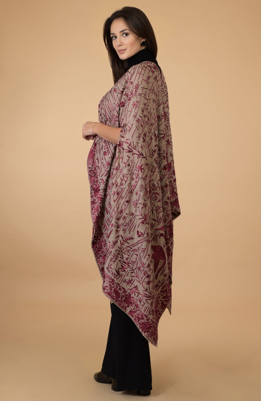 Beige-wine Parsi Gara pure pashmina shawl cape with intricate embroidery.