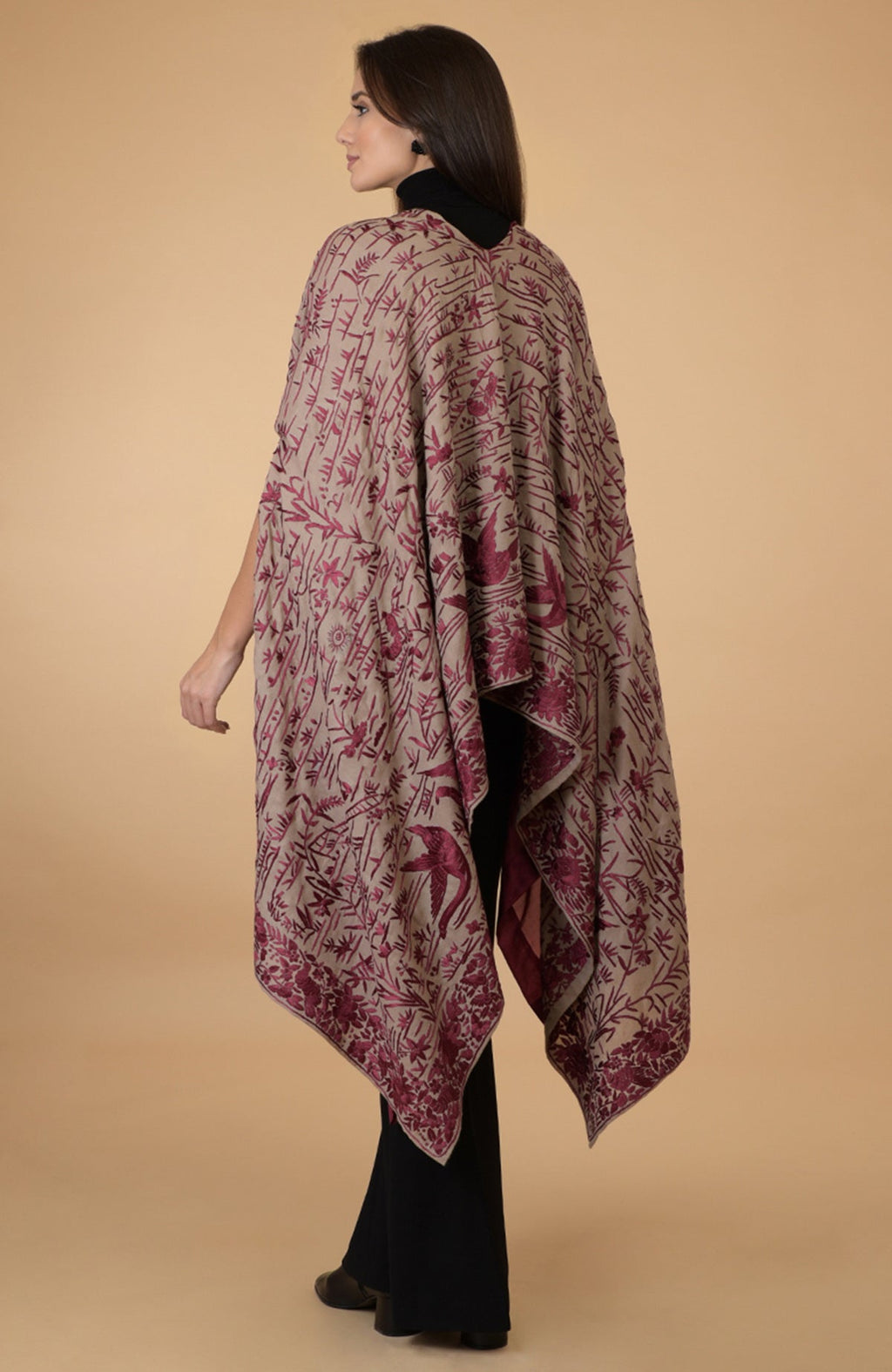 Beige-wine Parsi Gara pure pashmina shawl cape with intricate bird and floral embroidery.