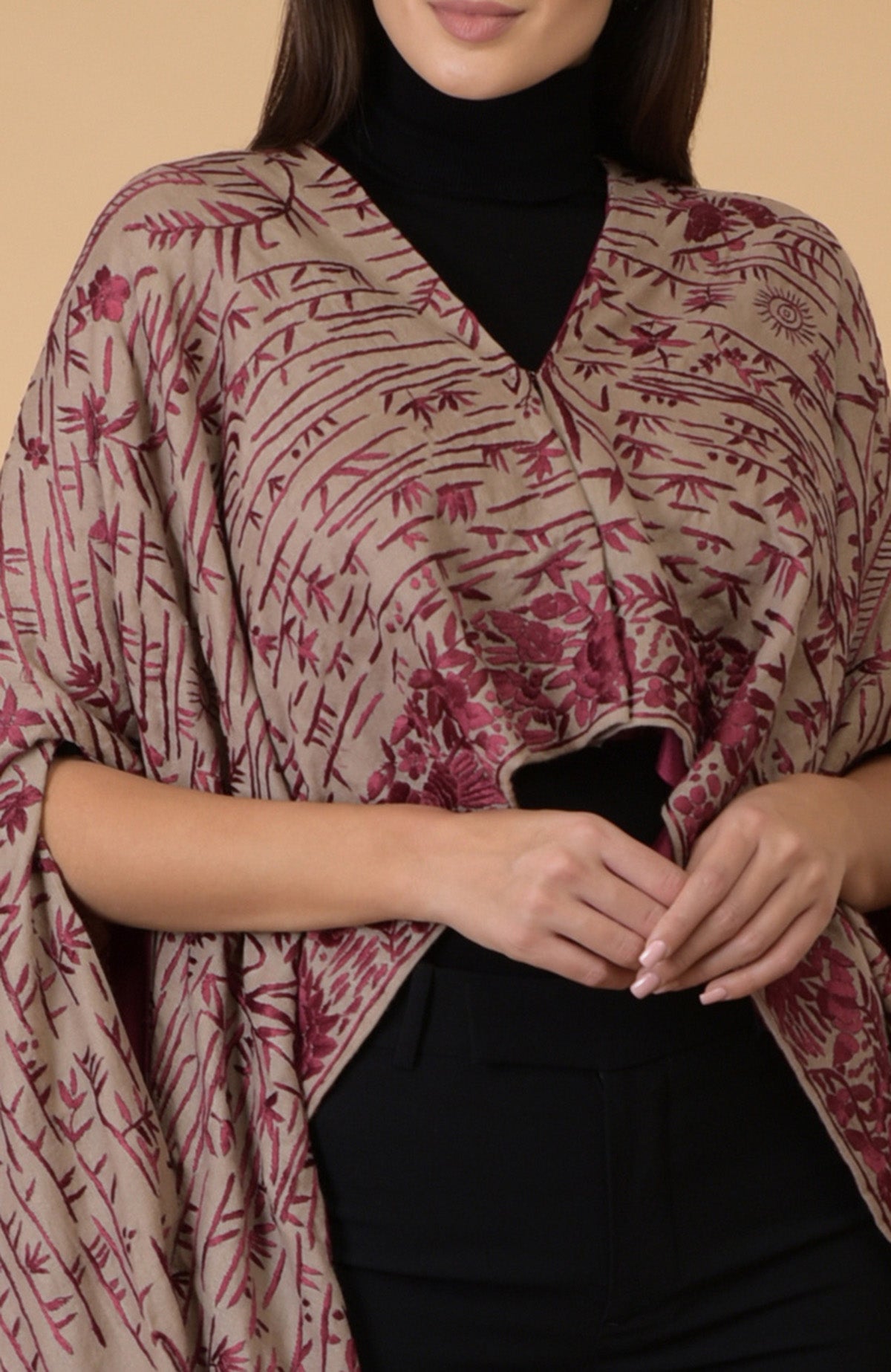 Beige-wine Parsi Gara pure pashmina shawl cape with intricate embroidery.