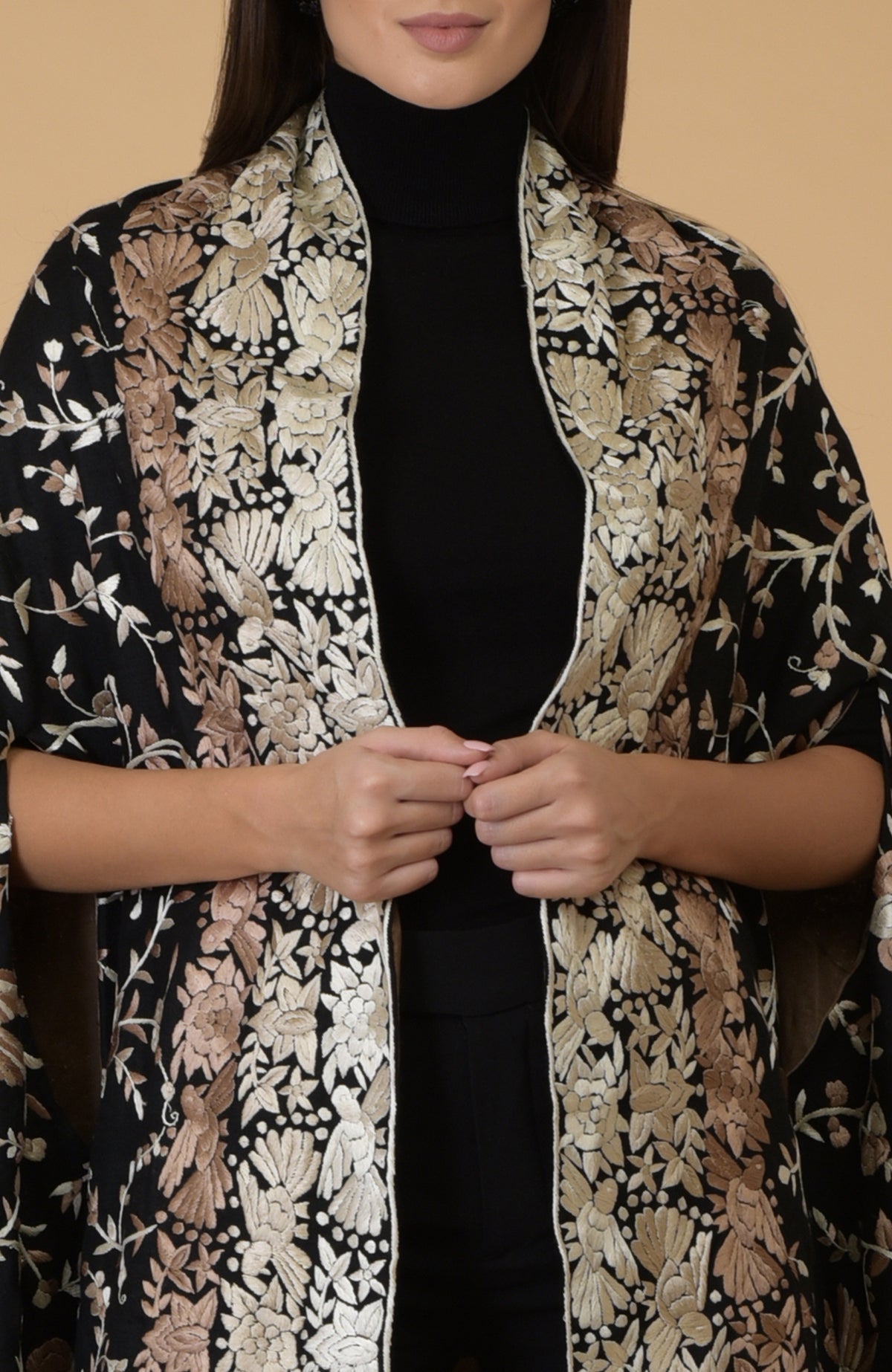 Black-beige Parsi Gara pure pashmina shawl cape with intricate embroidery.