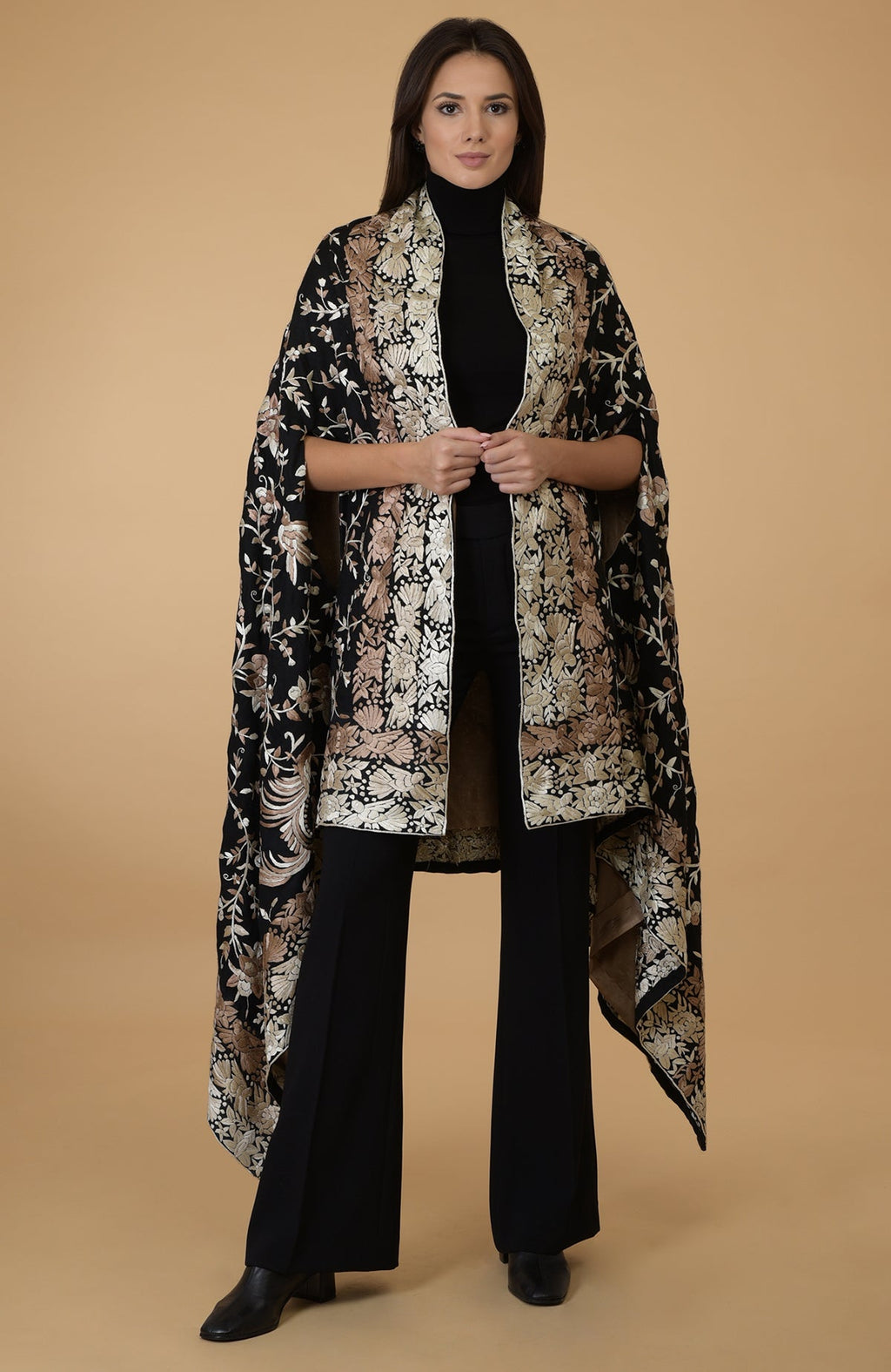Black-beige Parsi Gara pure pashmina shawl cape with intricate embroidery.