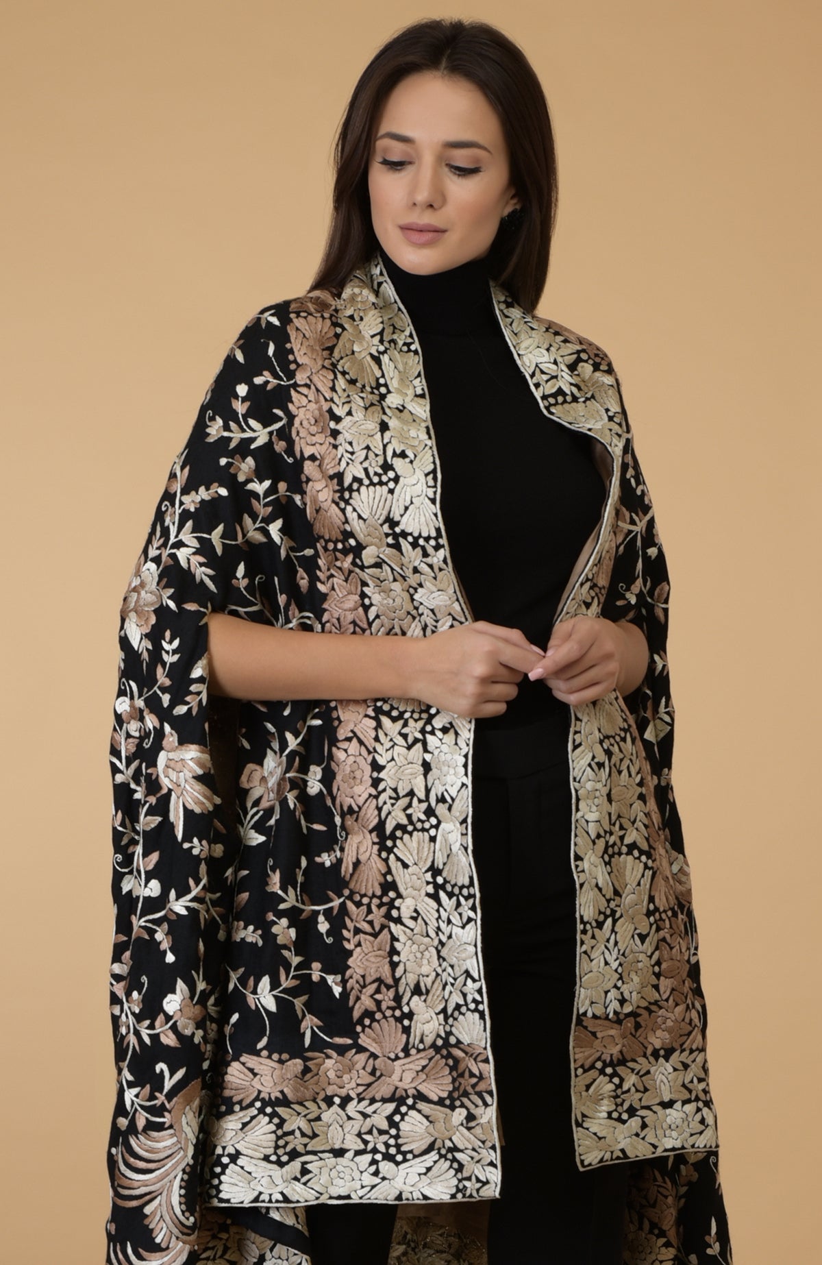 Black-beige Parsi Gara pure pashmina shawl cape with intricate bird and floral embroidery.