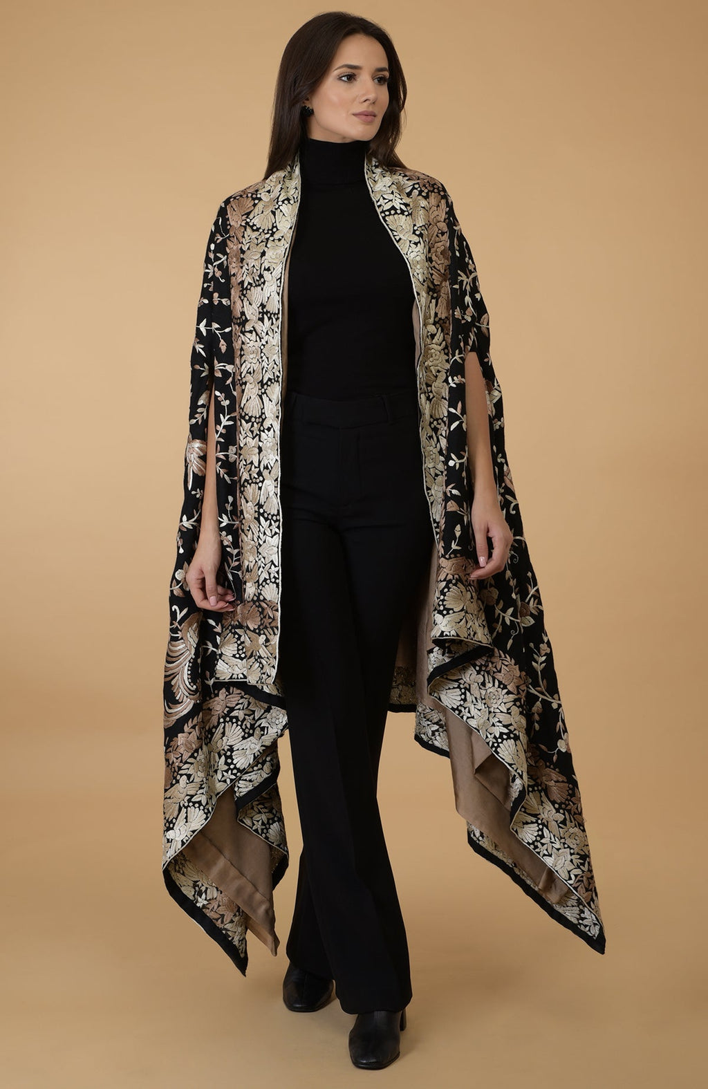 Black and beige Parsi Gara pure pashmina shawl cape with intricate embroidery.