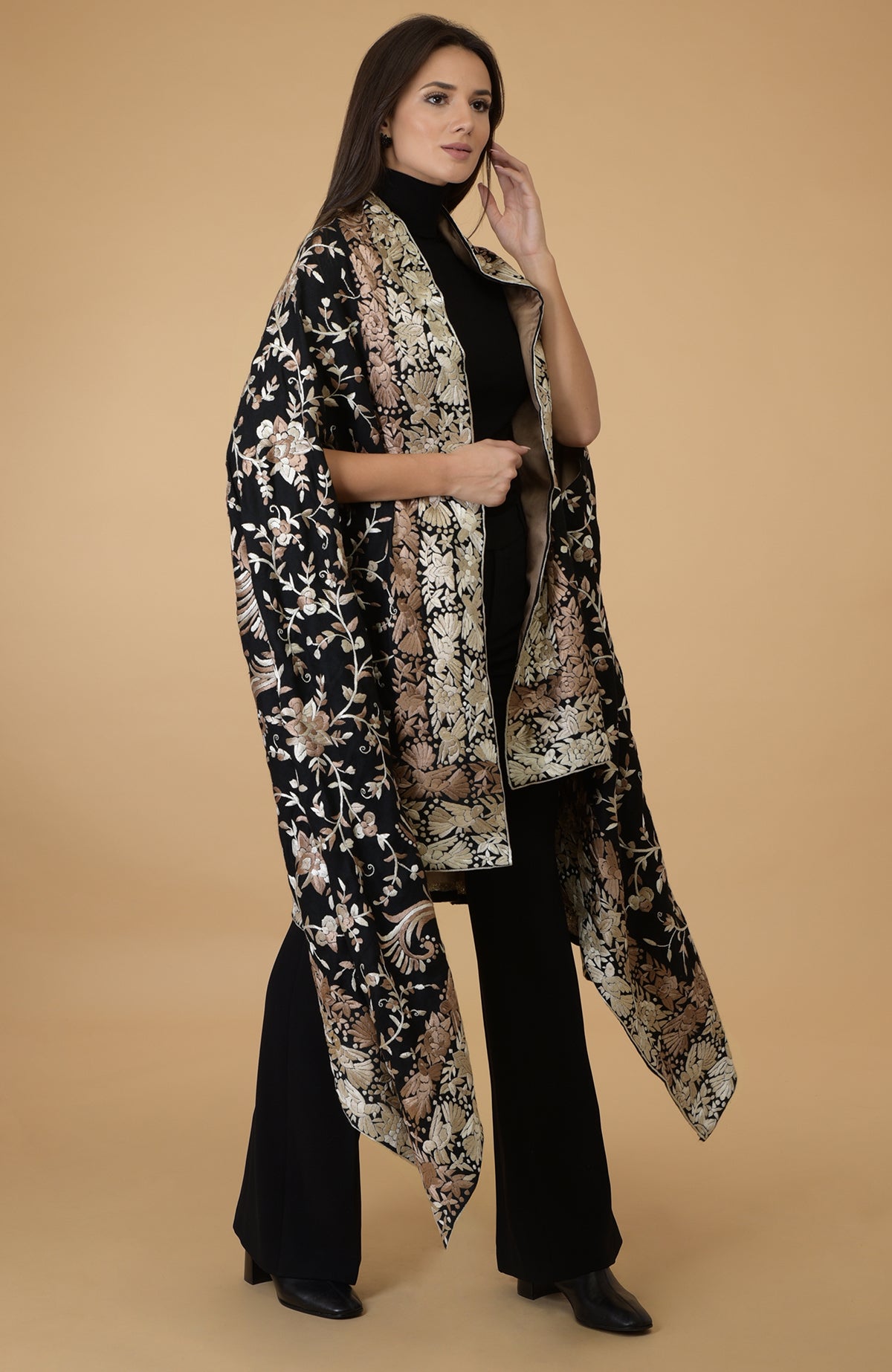 Black-beige pure pashmina shawl cape with intricate Parsi Gara embroidery.