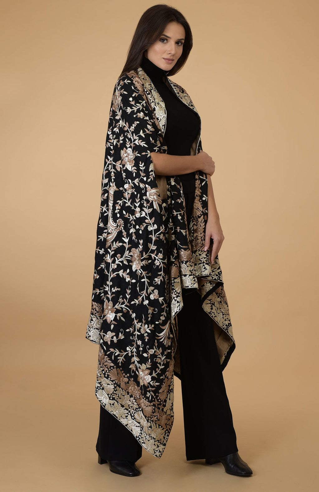 Black-beige Parsi Gara pure pashmina shawl cape with intricate embroidery.