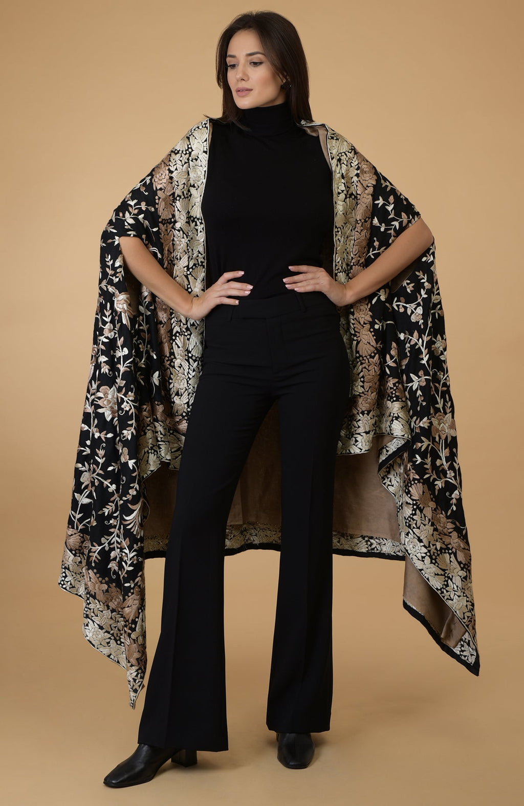 Black-beige Parsi Gara pure pashmina shawl cape with intricate embroidery.