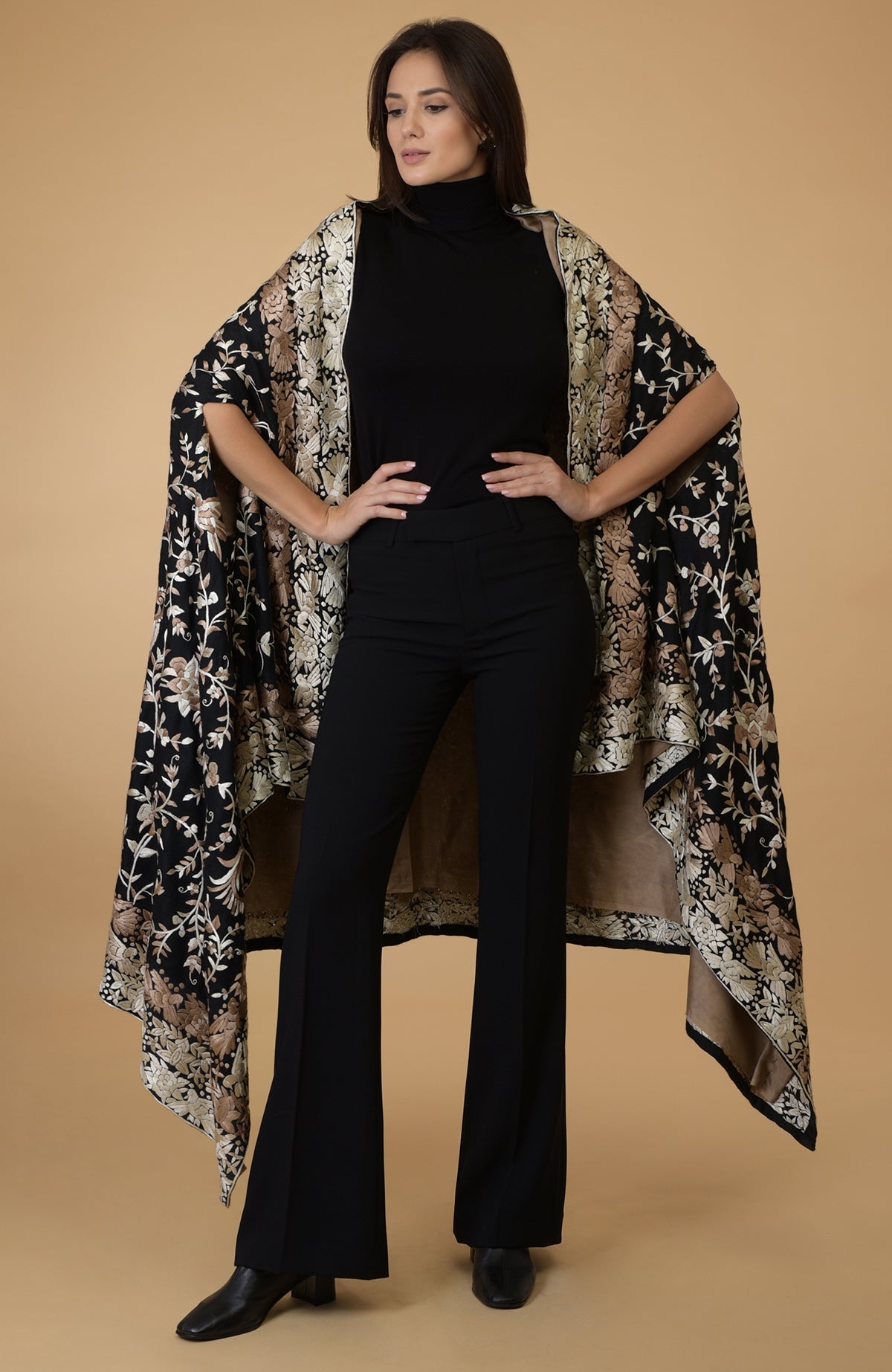 Black-beige Parsi Gara pure pashmina shawl cape with intricate embroidery.