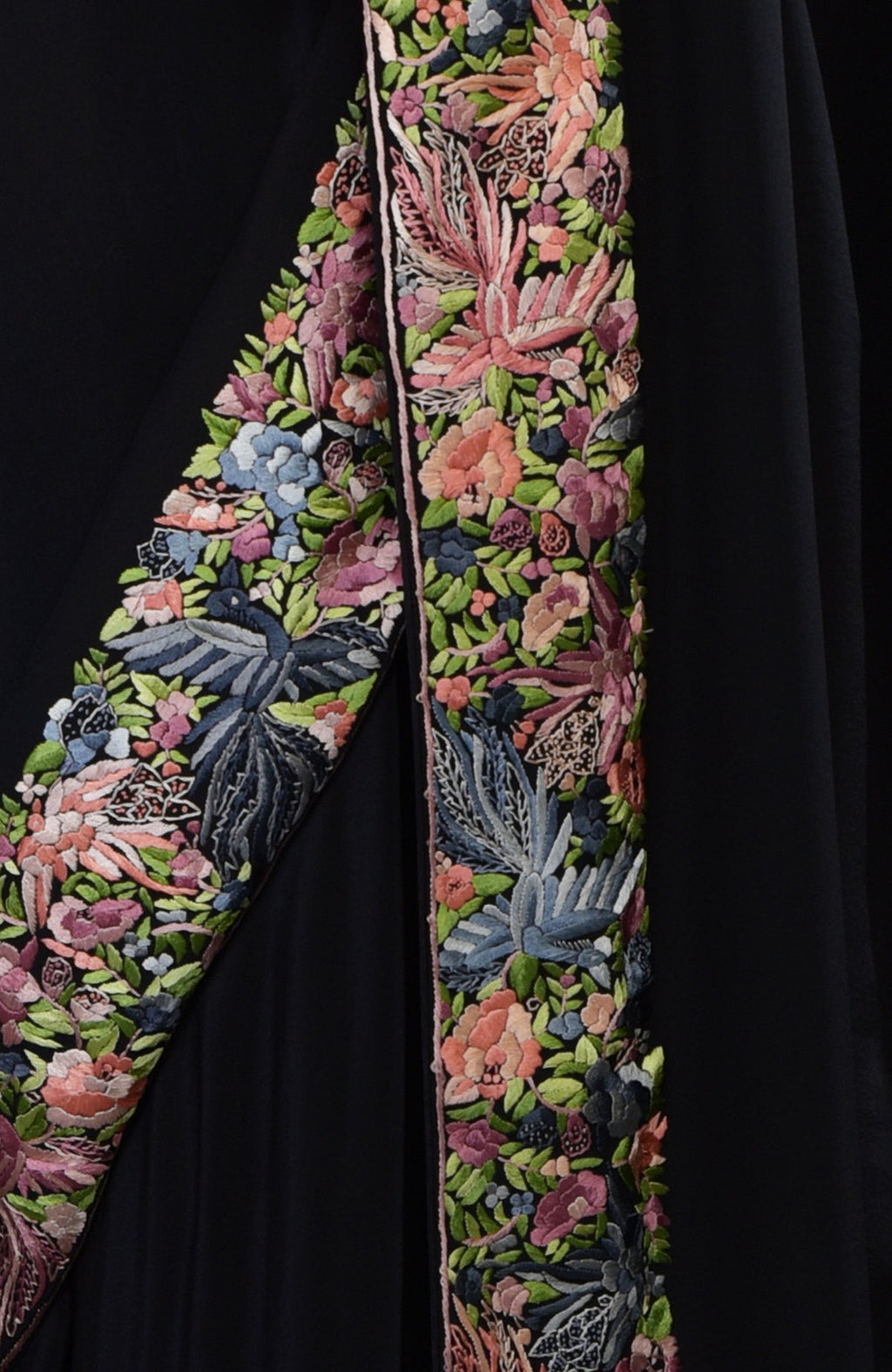 Black Parsi Gara hand embroidered saree with colorful bird and floral borders.