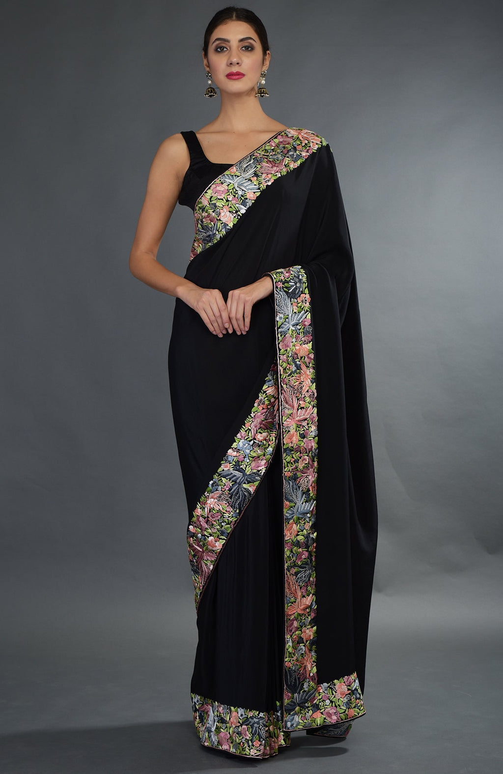 Black Parsi Gara hand embroidered saree with floral and bird motifs.