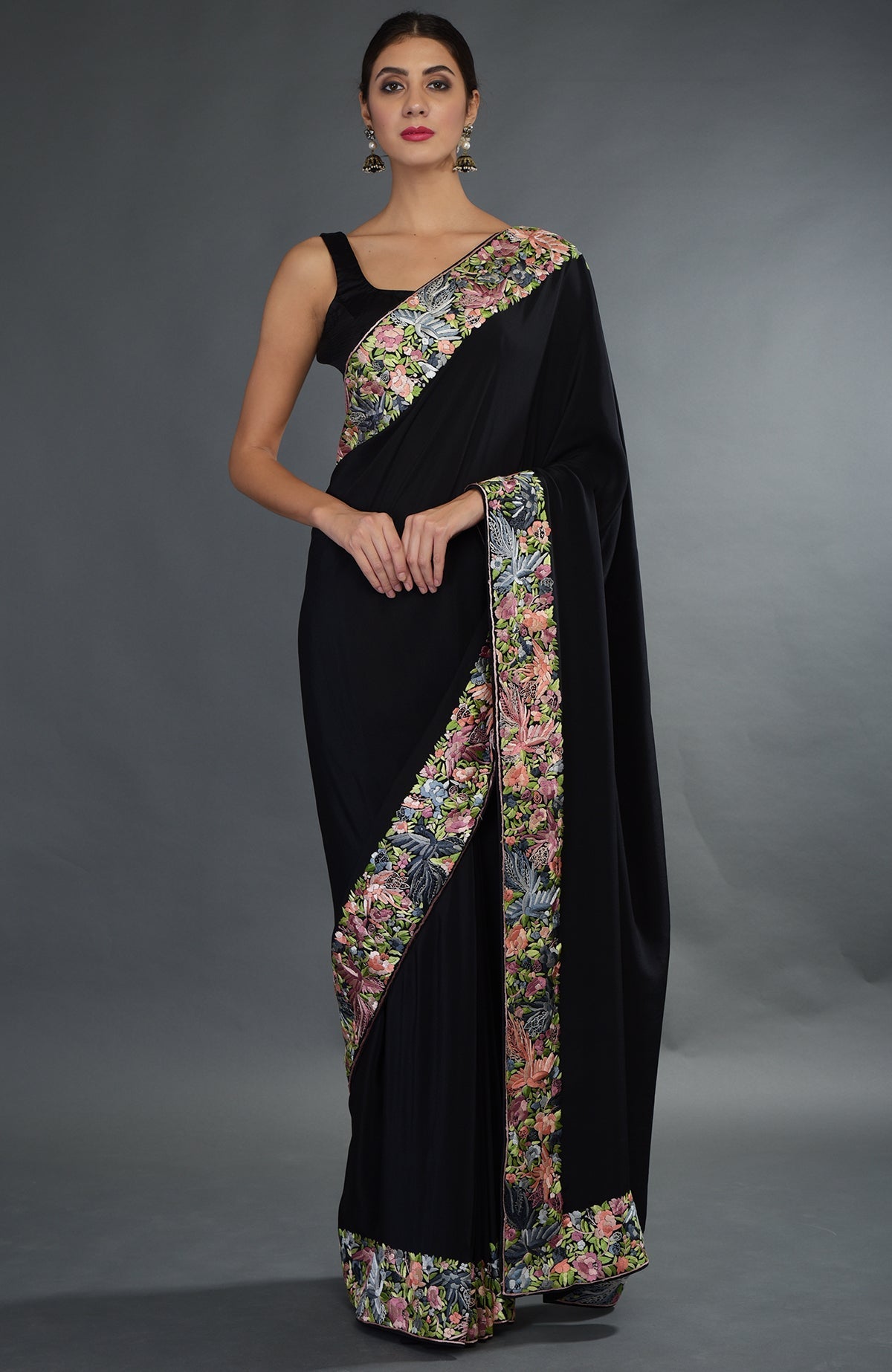 Black Parsi Gara hand embroidered saree with floral and bird motifs.