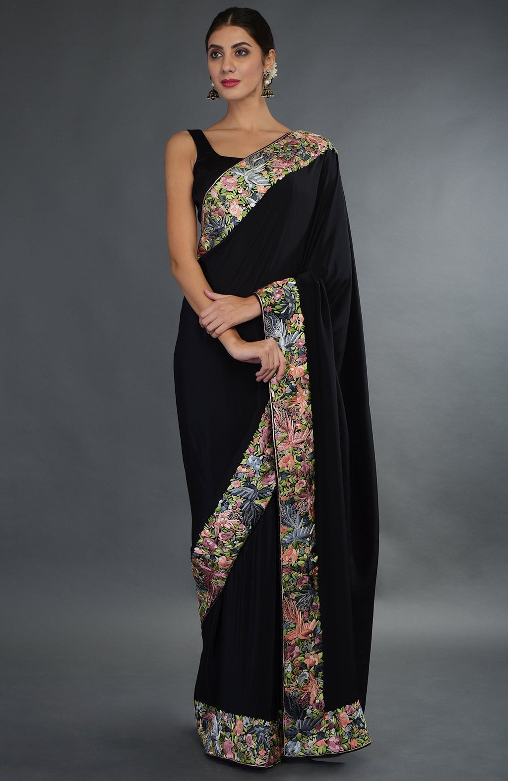 Black Parsi Gara hand embroidered saree with floral and bird motifs.